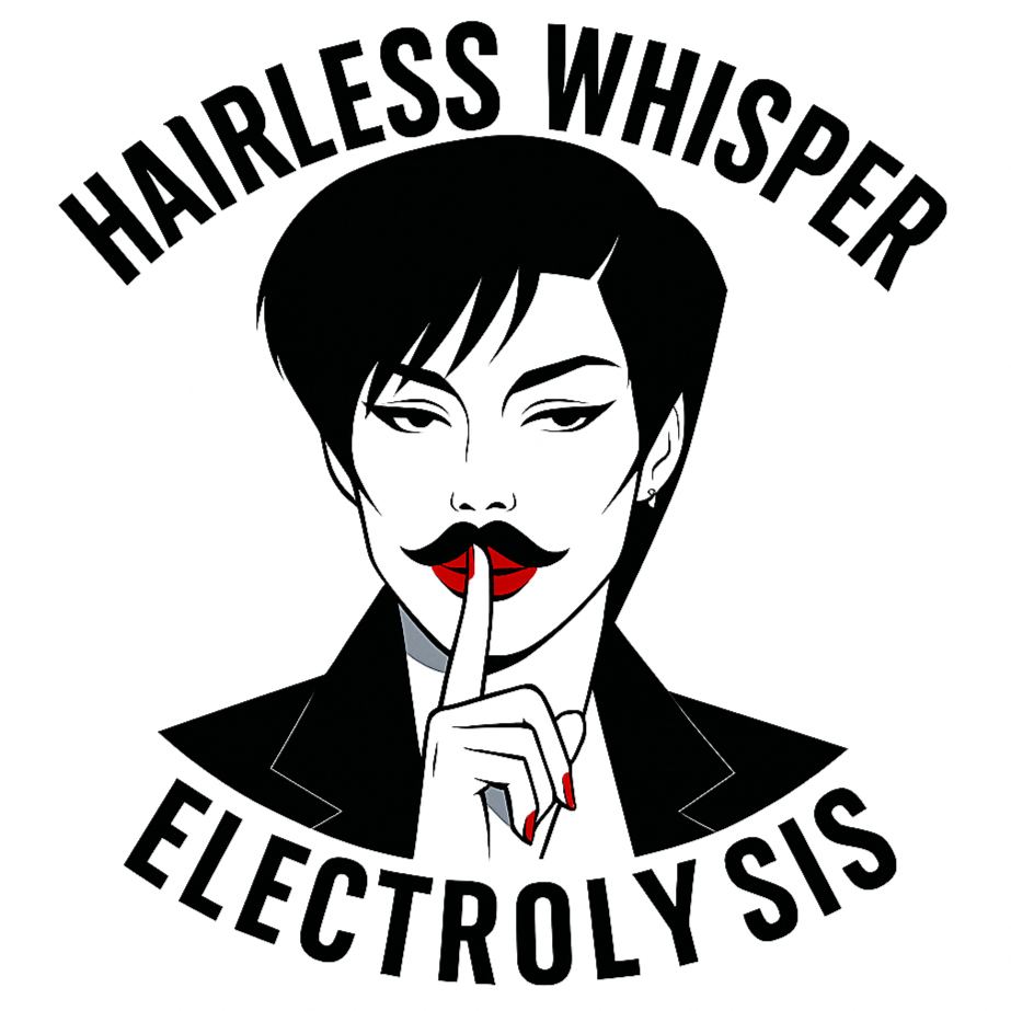 A black and white illustration of a woman with short hair, wearing dark nail polish and a jacket, holding her finger to her lips in a shushing gesture. The woman has a mustache drawn on her face and red lipstick. The text above her reads "HAIRLESS WHISPER" and below "ELECTROLYSIS".