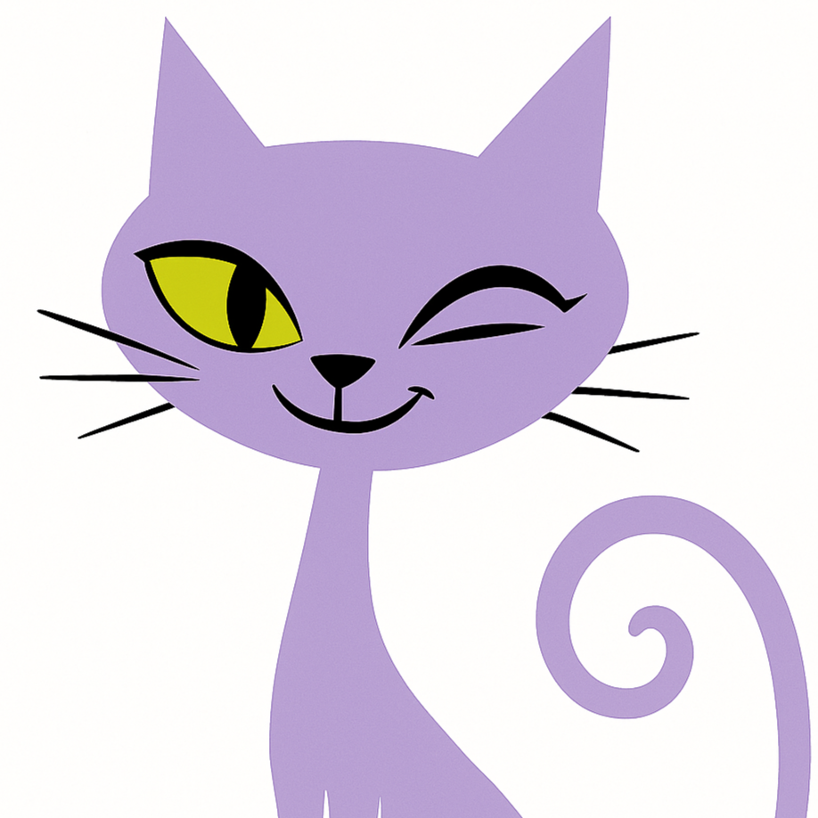 Illustration of a purple cartoon cat with one eye closed, yellow eyes, a winking expression, and a curled tail.