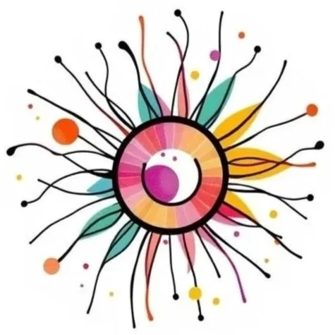 Abstract colorful circular design with radiating lines and splashes on white background.