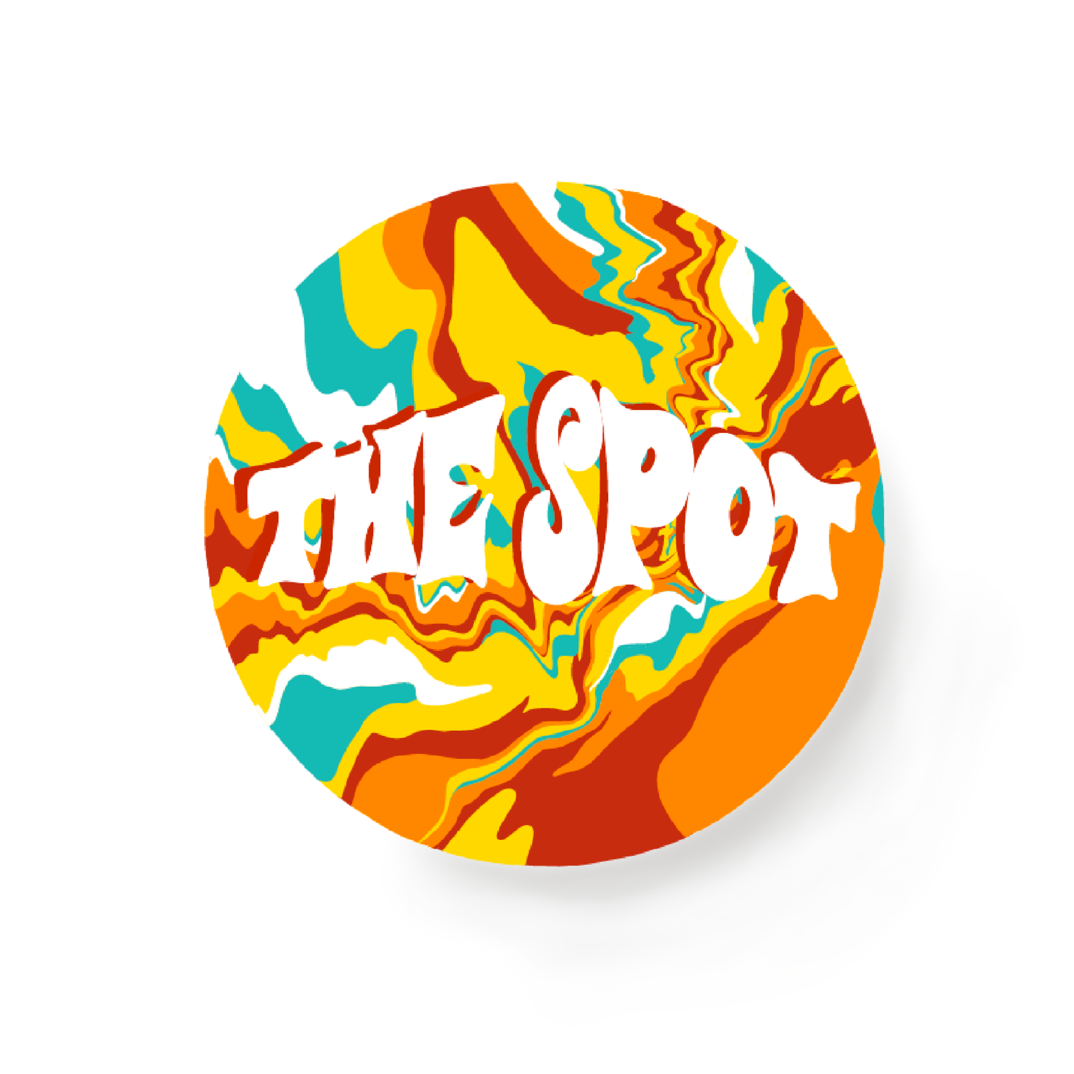 Round logo with a colorful, swirled background in yellow, orange, red, and teal, with bold white text reading 'THE SPOT' in the center.