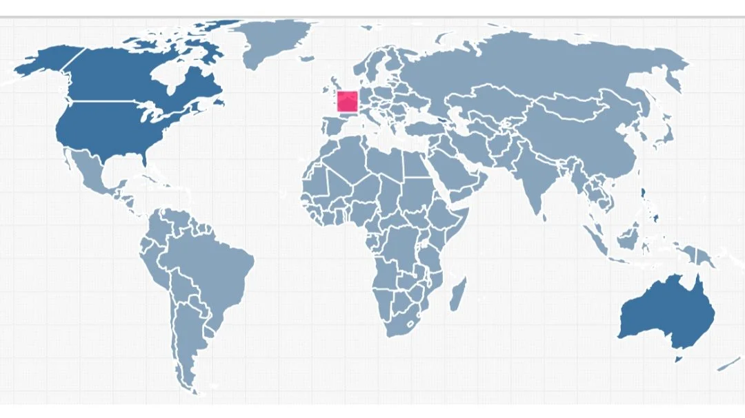 World map highlighting France in pink and Australia in dark blue.