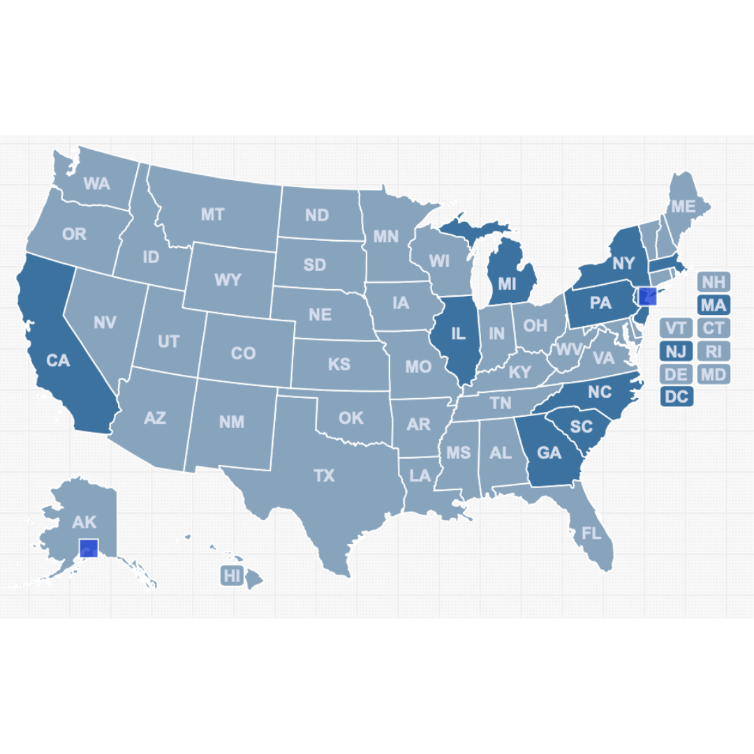 Map of the United States with states in different shades of blue, indicating various regions or categories.