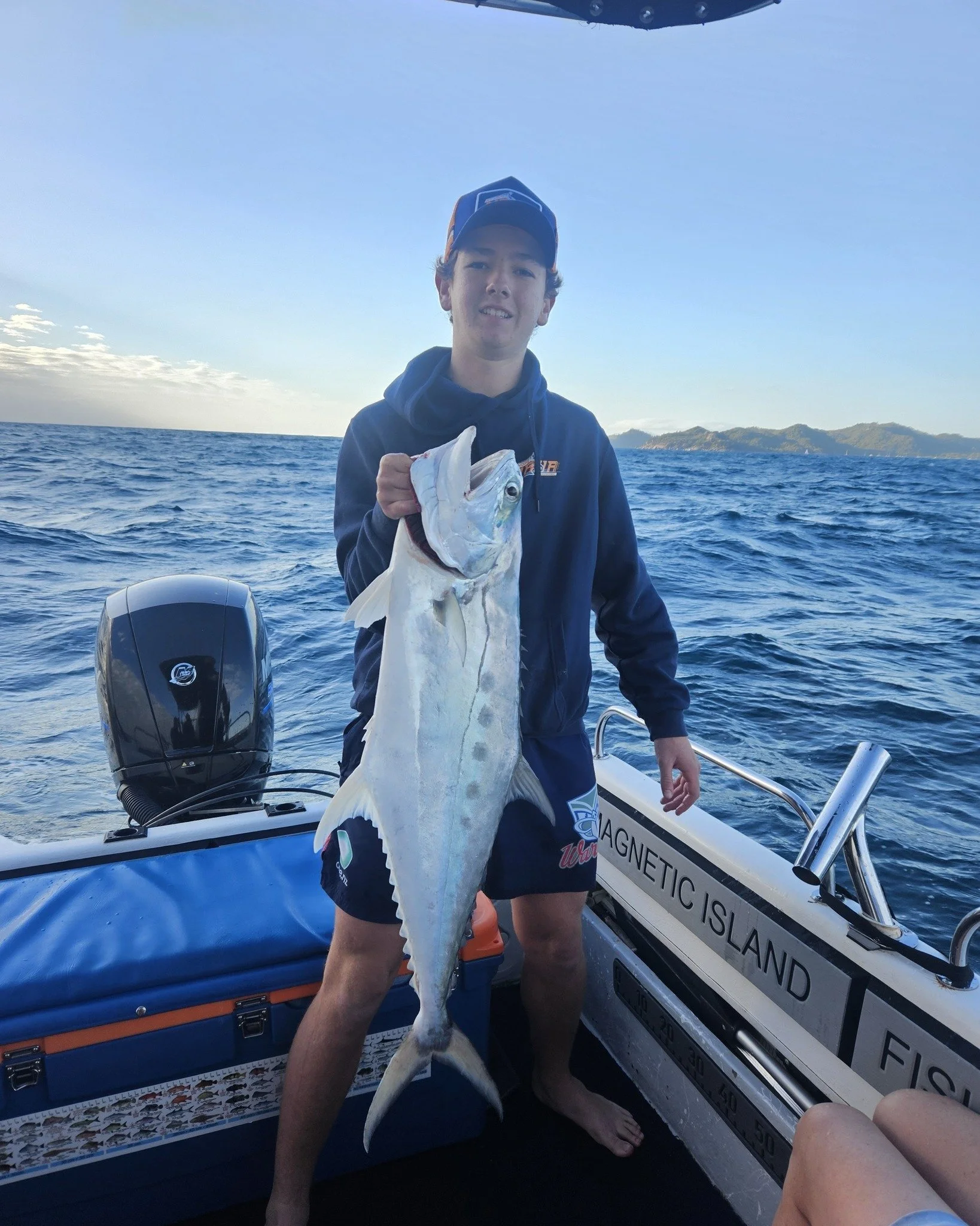 The young gun from Roma landed his biggest ever fish today and was very thrilled. We had a triple hook up with Spanish Mackerel and 2 got taxed and the other lived to fight another day. Humpback Whales around Magnetic Island breaching just outside of