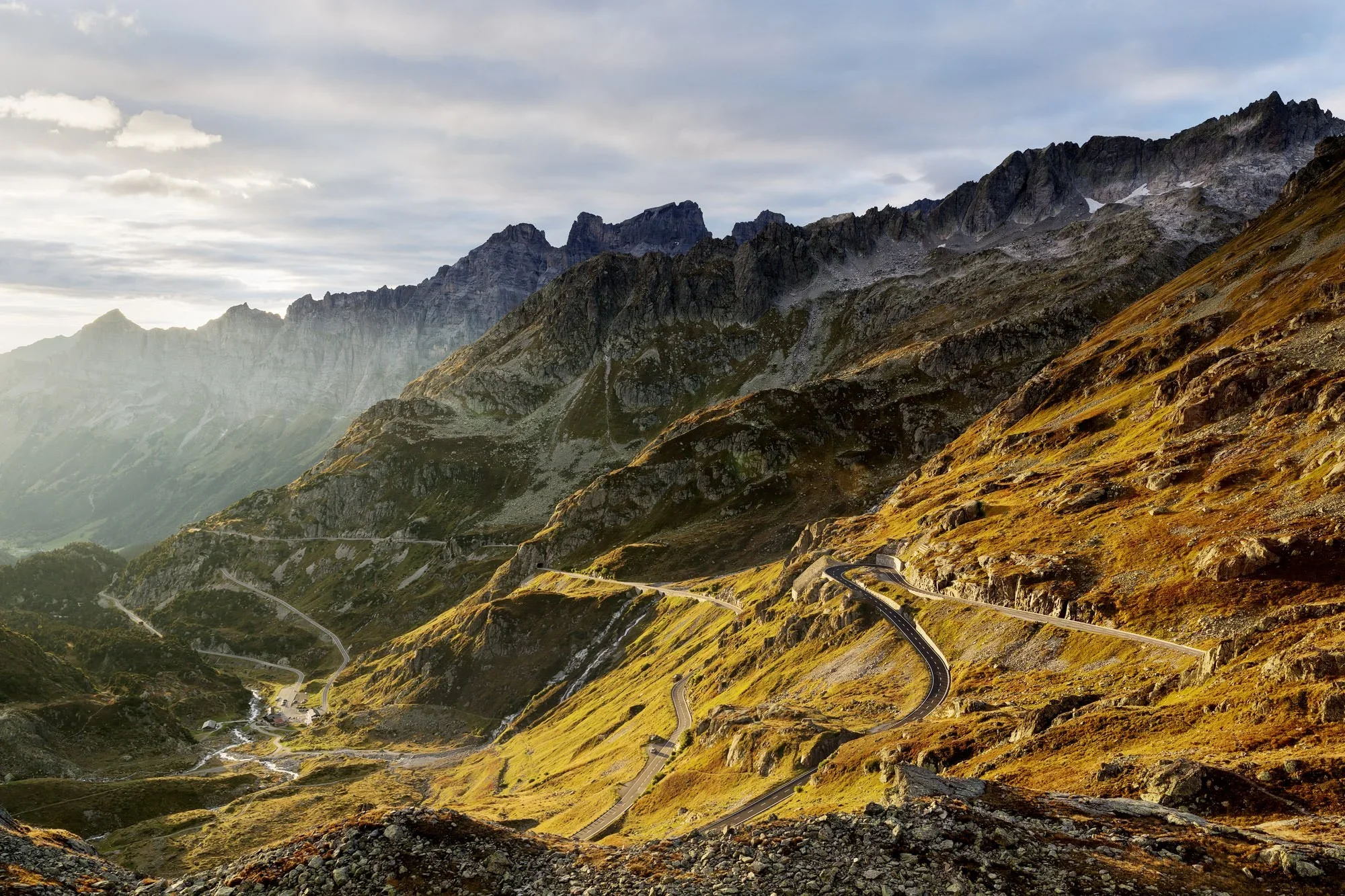 Susten Pass road in the Swiss Alps in evening light