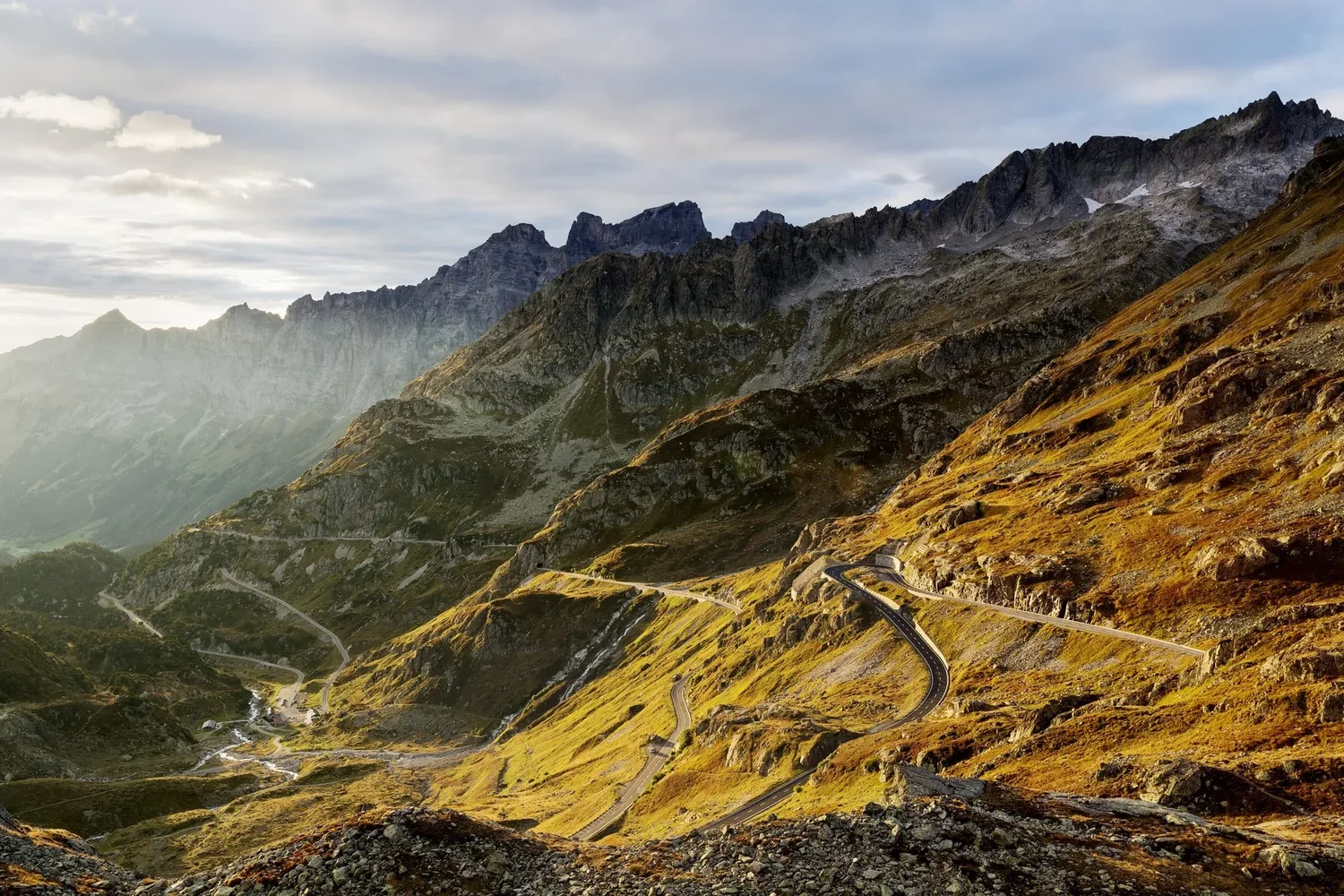 Susten Pass road in the Swiss Alps in evening light