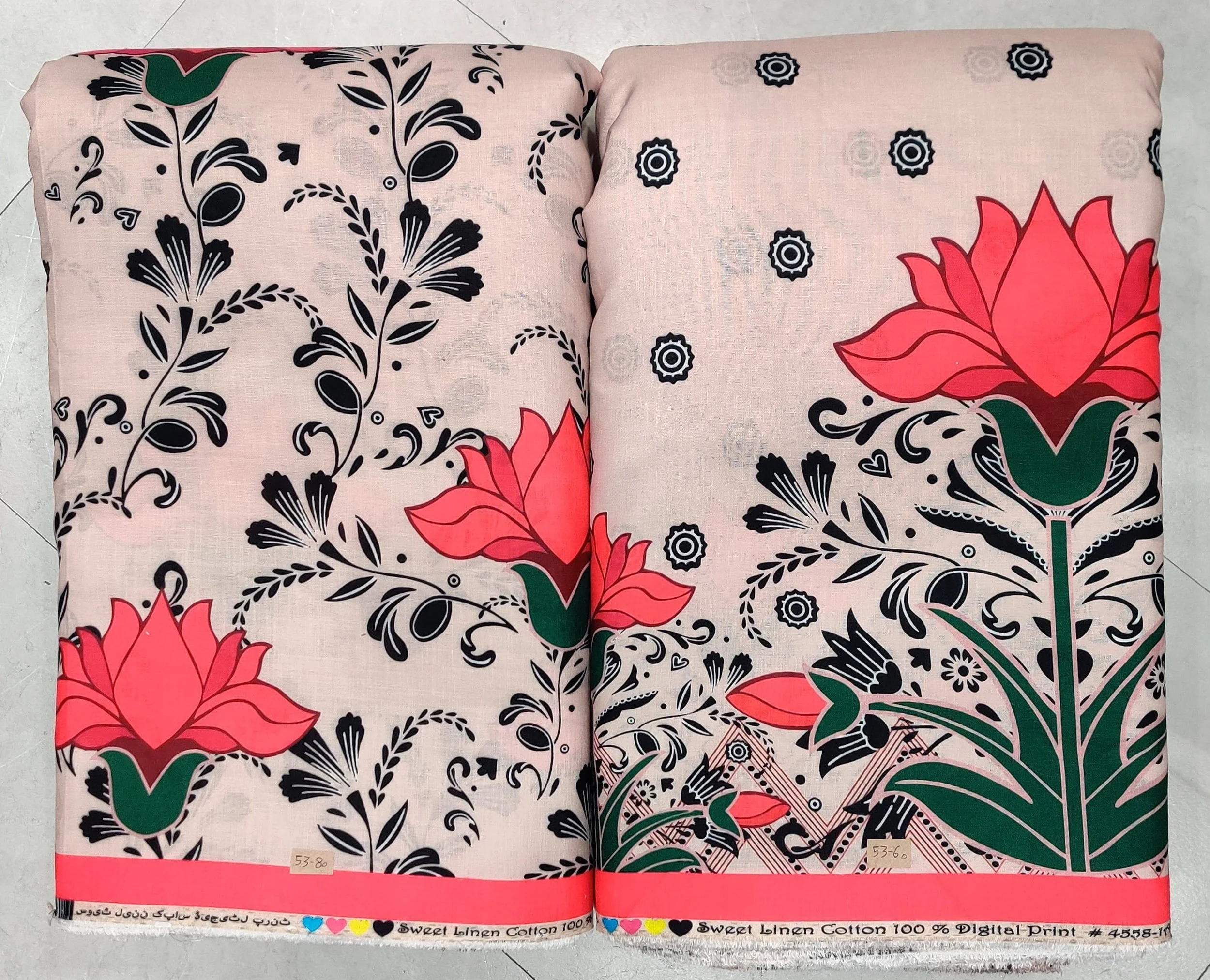 Rich cream and moss-green fabric showcasing an intricate hand-block style floral vine pattern, accented with vibrant lotus-pink blossoms and detailed green leaves along a graceful border layout.