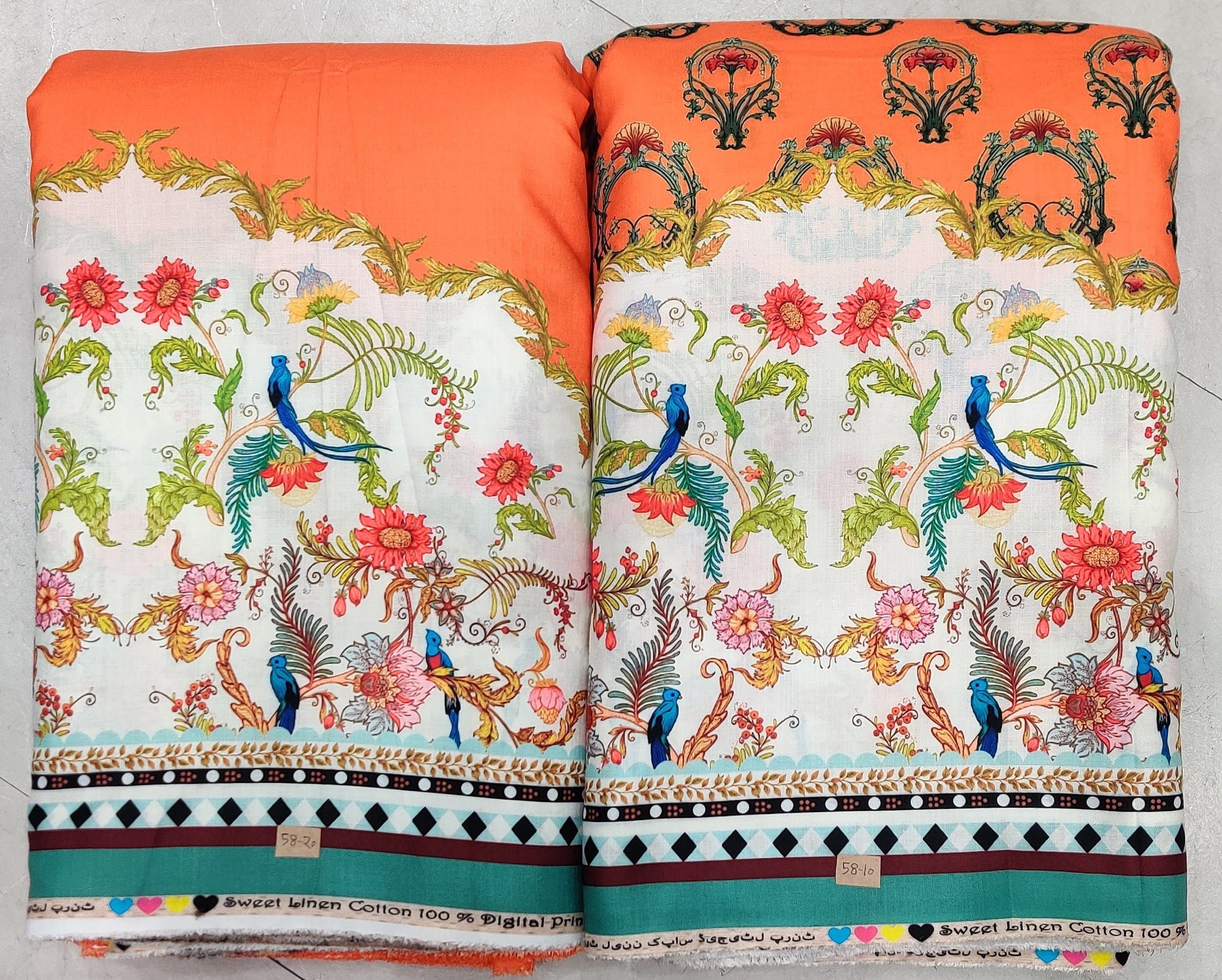 Luxurious ivory-and-turquoise tropical modal fabric featuring a prominent top-border composition of exotic birds, blooming hibiscus flowers, and leafy fronds, set against a classic striped and patterned lower base.