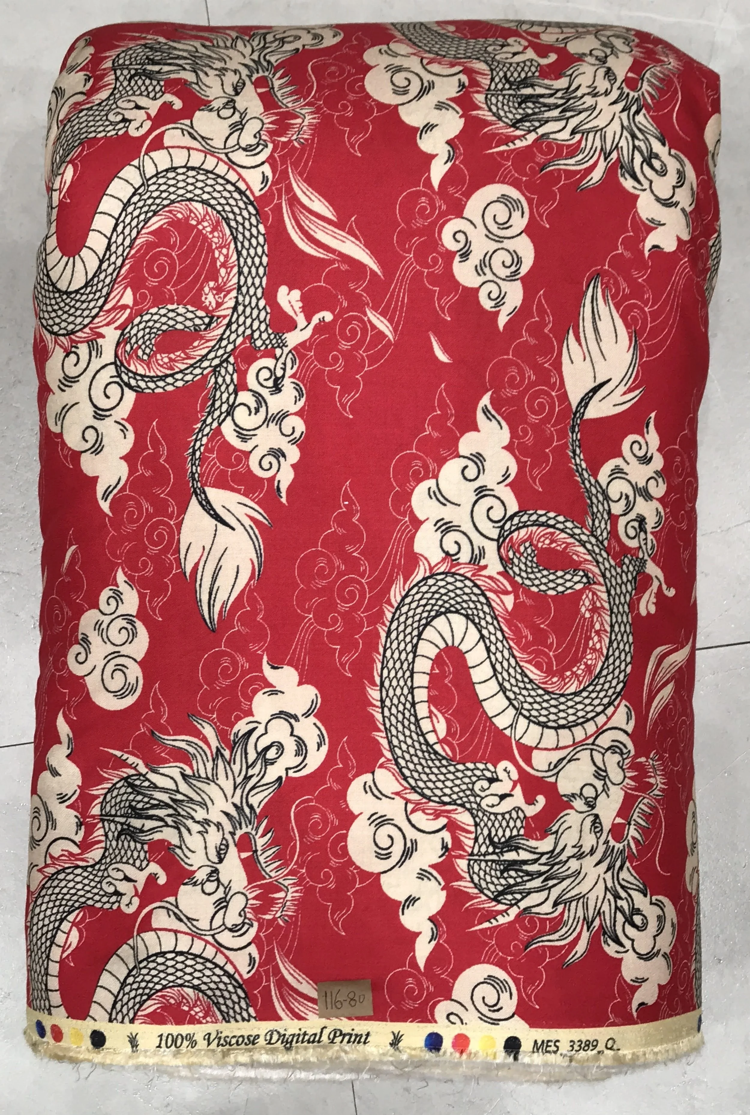 Vibrant crimson-red and metallic-gold canvas showcasing an intricate Oriental-inspired dragon and floral pattern featuring detailed winding dragons, traditional floral motifs, and ornate borders.