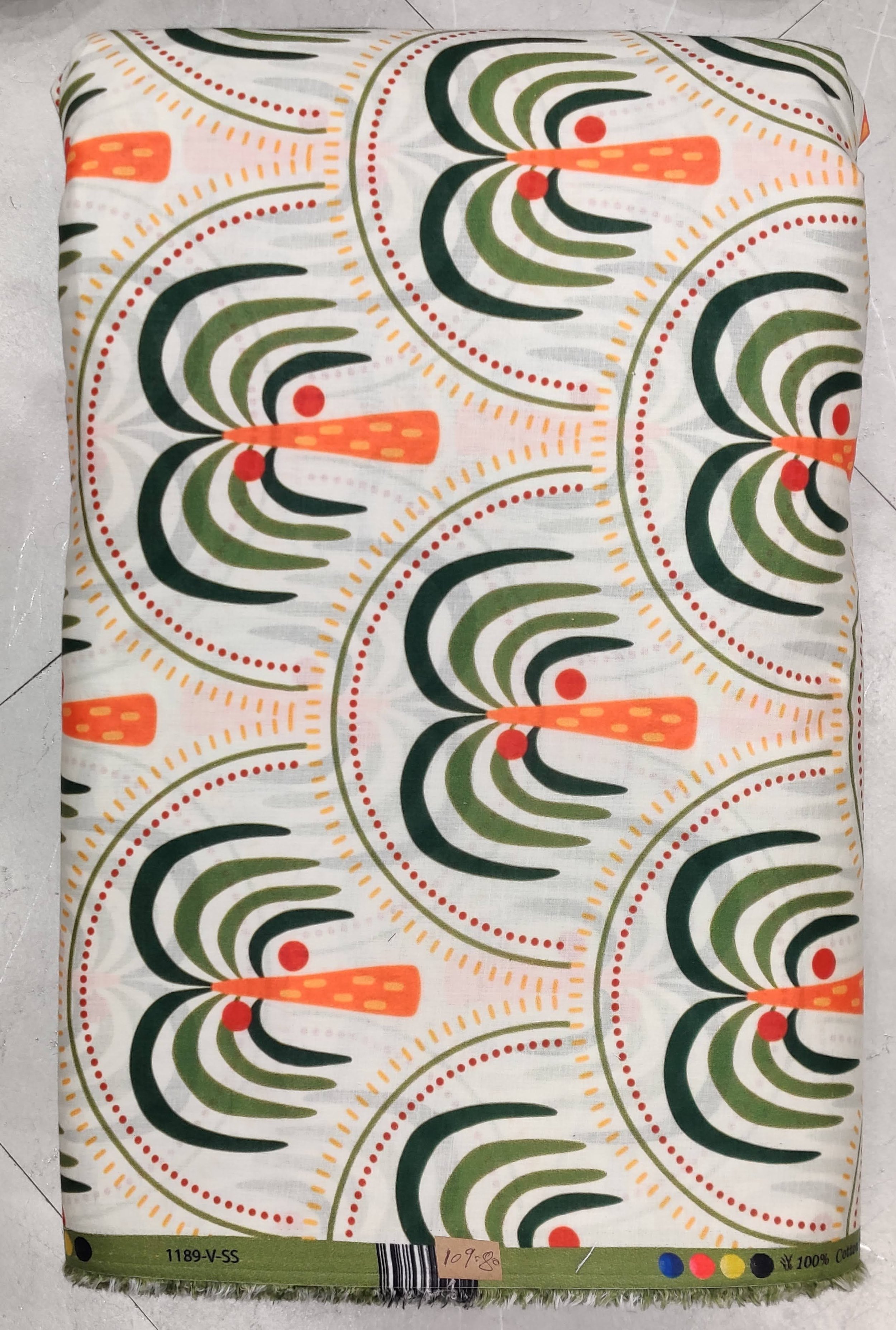 Light background featuring a repeating pattern of stylized art deco fan motifs in black and grey with vibrant orange accents.