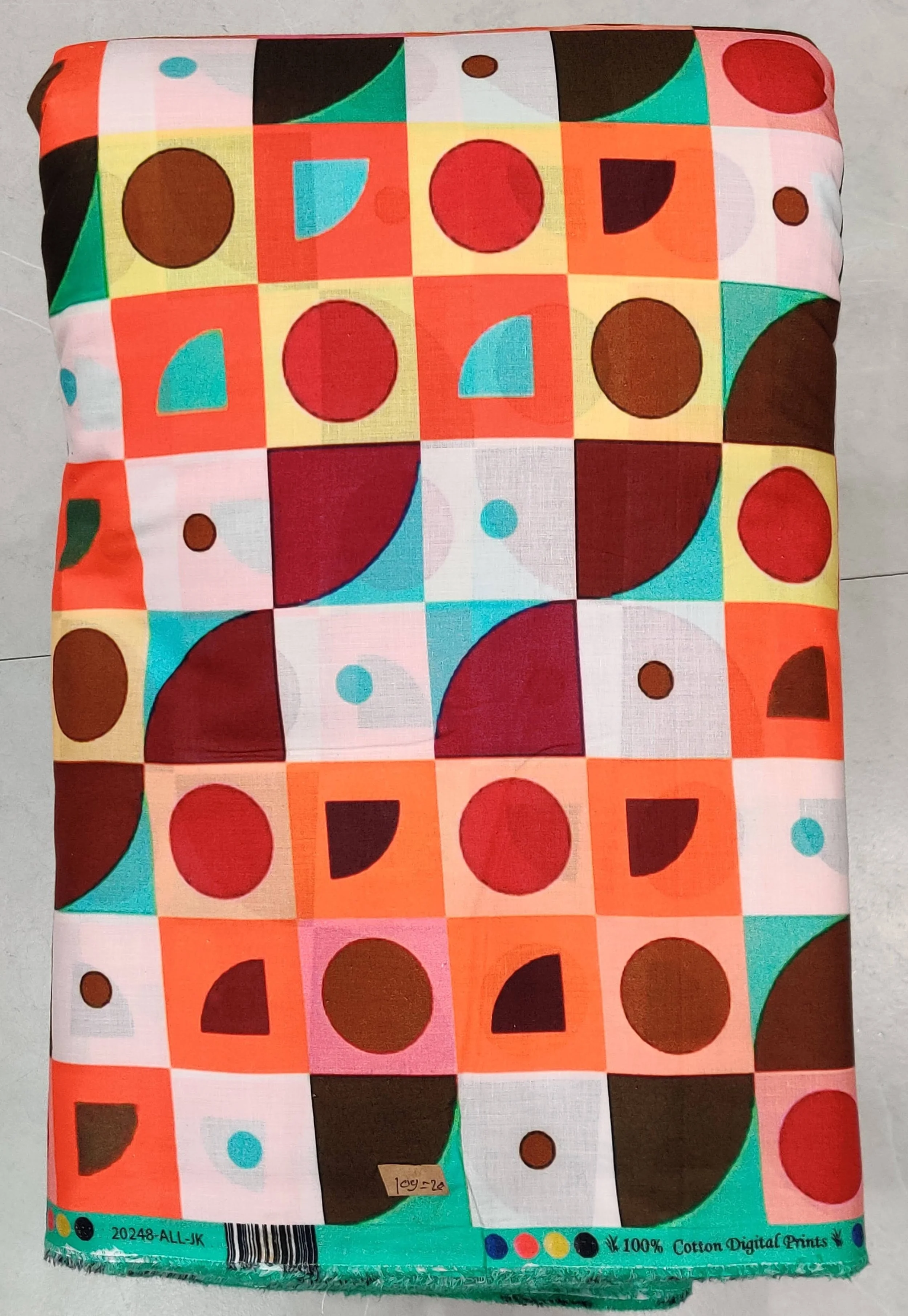Retro geometric checkerboard pattern featuring alternating circles and arches in warm orange, red, brown, and white tones.