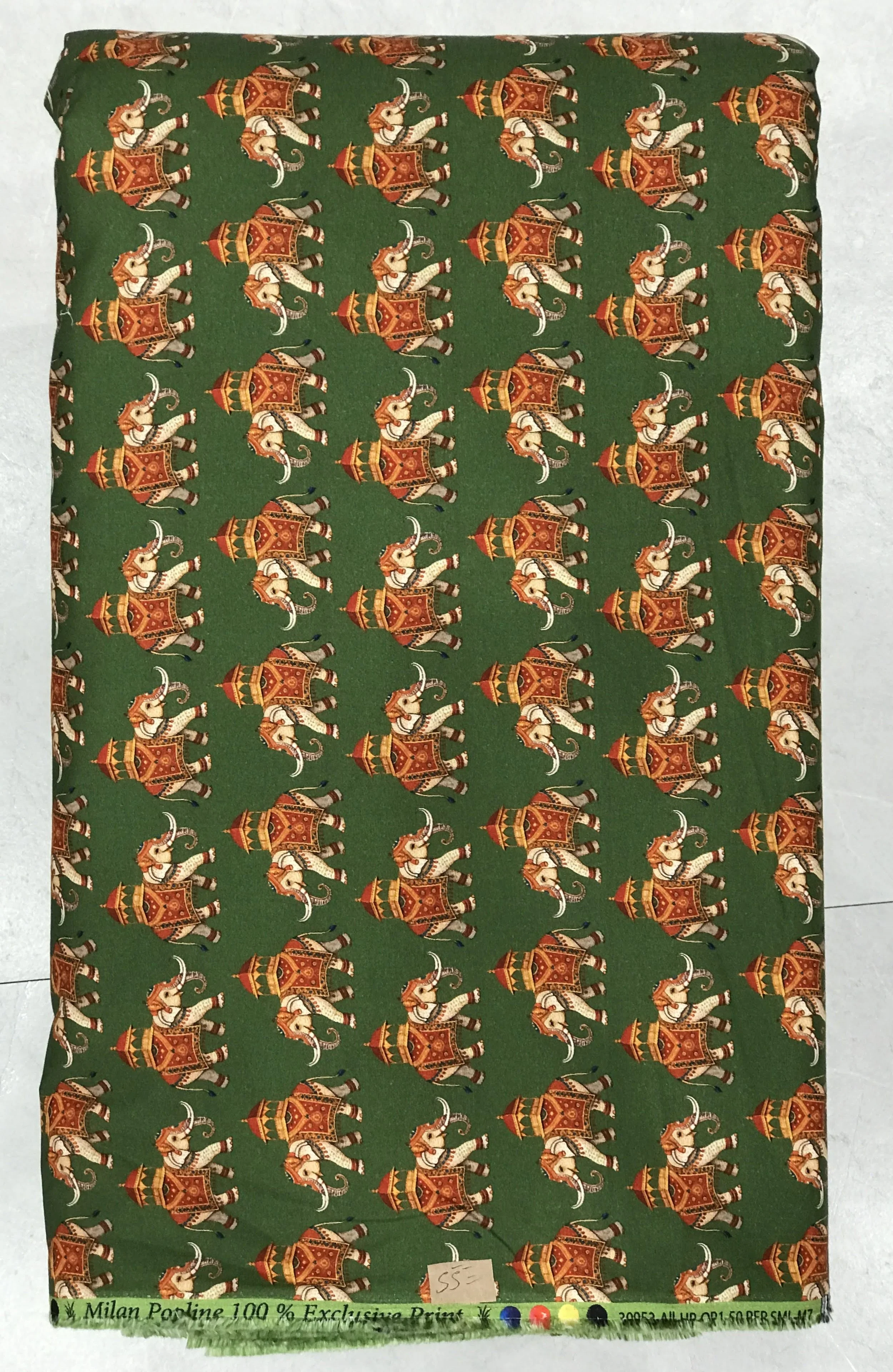 Rich green background featuring a traditional, ornate Indian block-print design with repeating rows of delicate floral motifs, intricate vines, and small blossom accents.