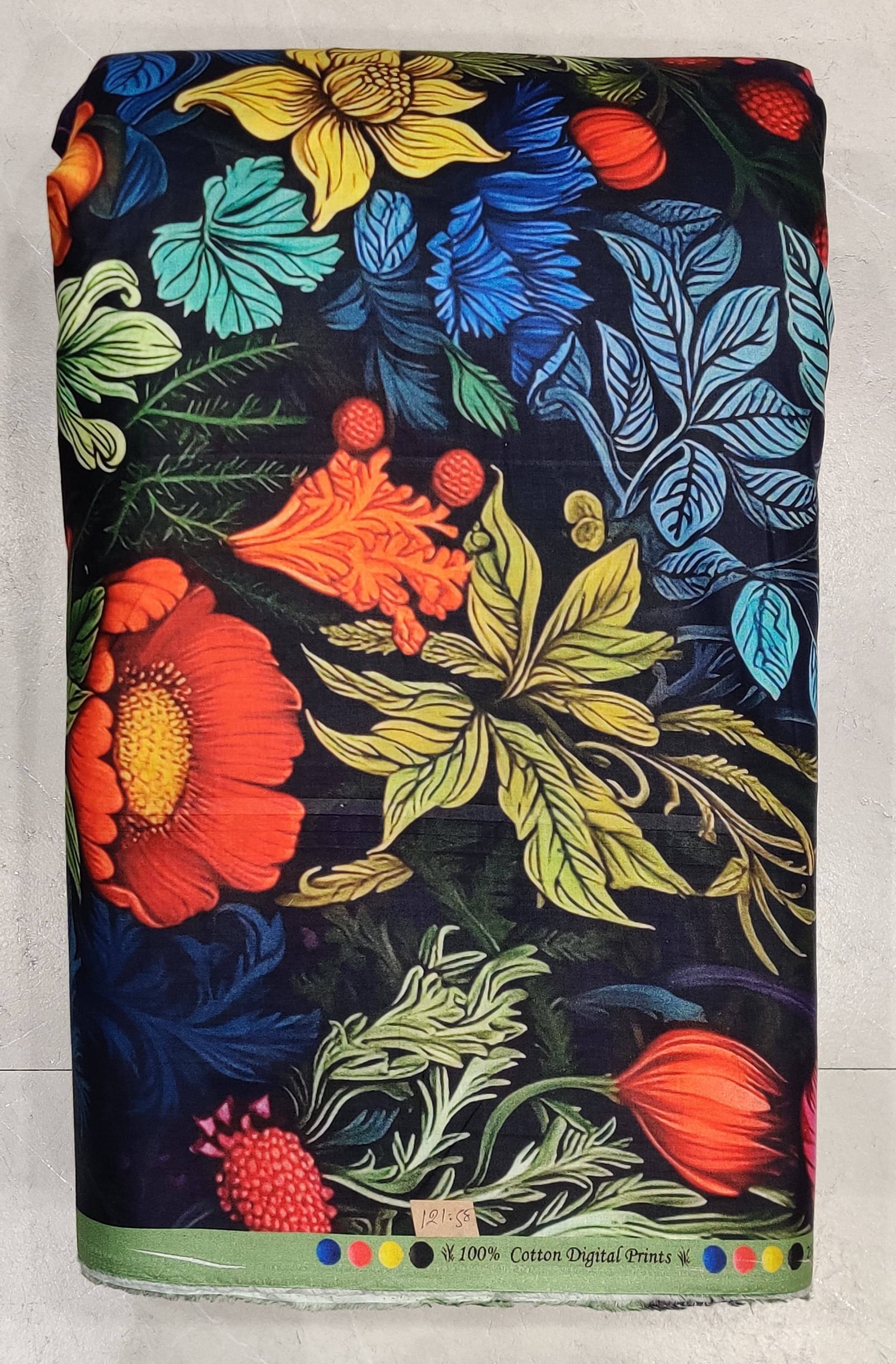 Rich black background featuring a vibrant, artistic composition of large red and orange flowers accompanied by soft blue and white blooms, accented with flowing green and gold foliage.
