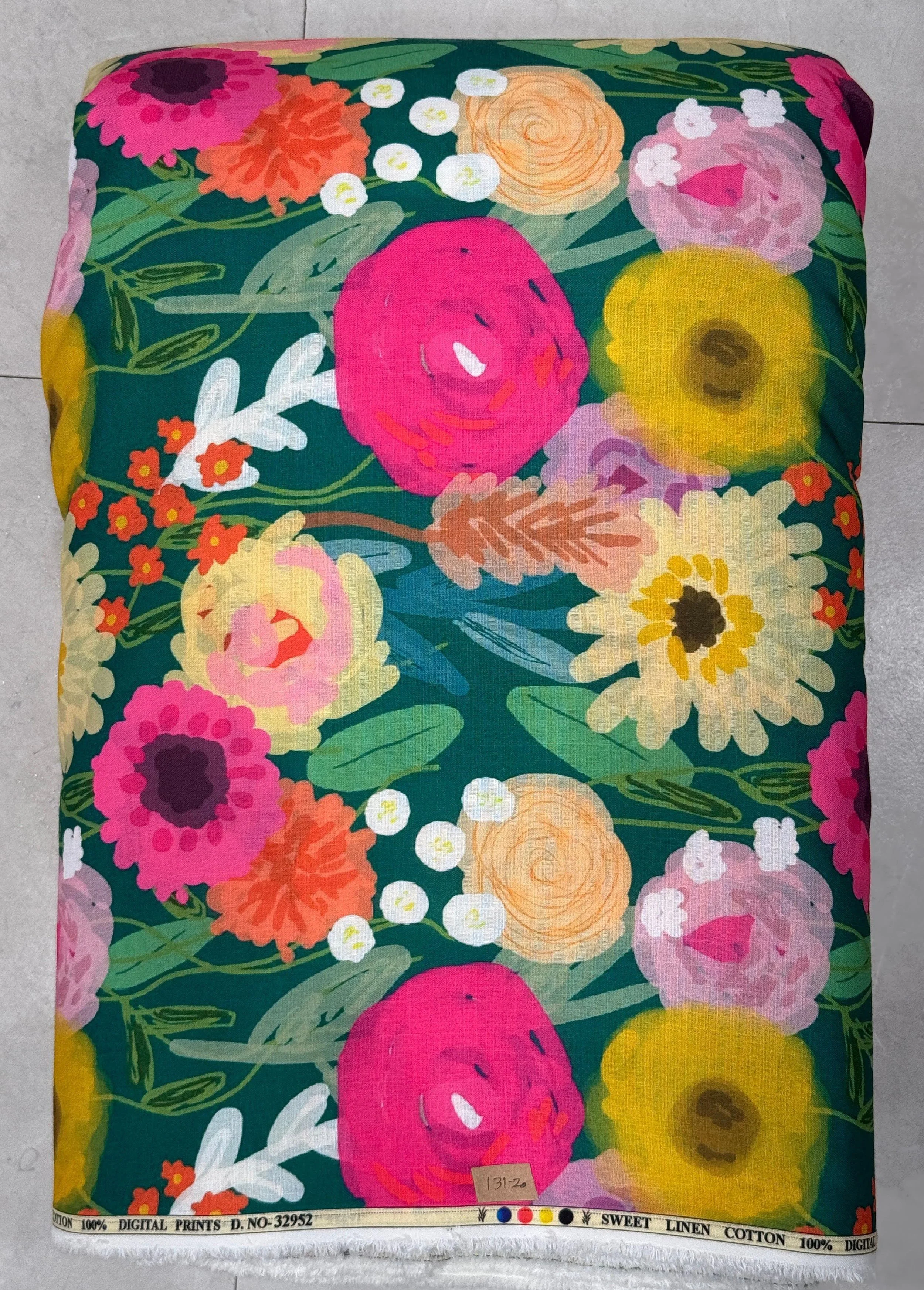 Vibrant multi-colored abstract fabric featuring an expressive painterly landscape with a bright turquoise base, bold yellow strokes, and dynamic geometric splashes tailored for avant-garde apparel.