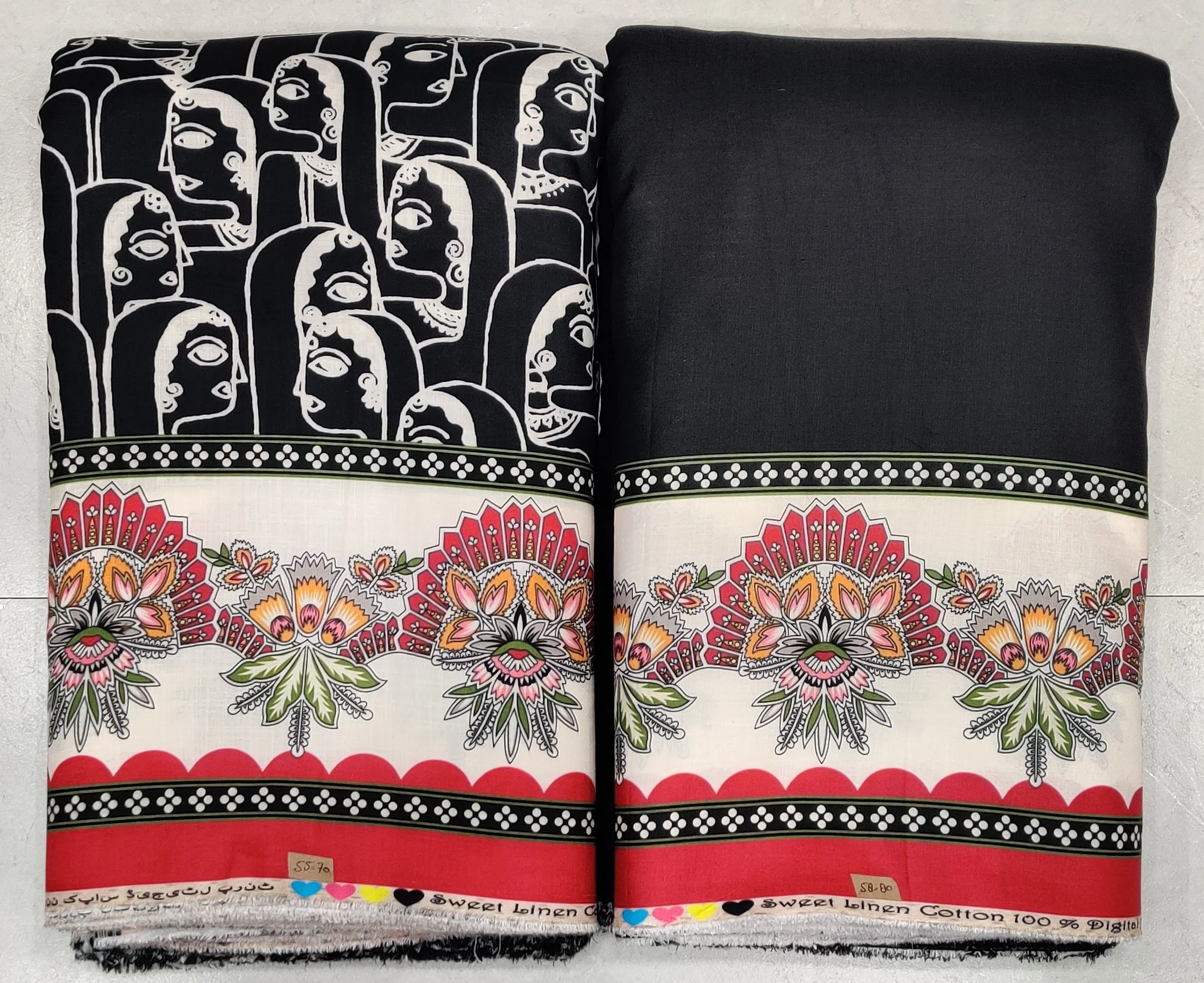 Bold indigo-blue border-print fabric featuring an intricate white floral block-print motif along the main body, finished with a contrasting geometric hemline border.