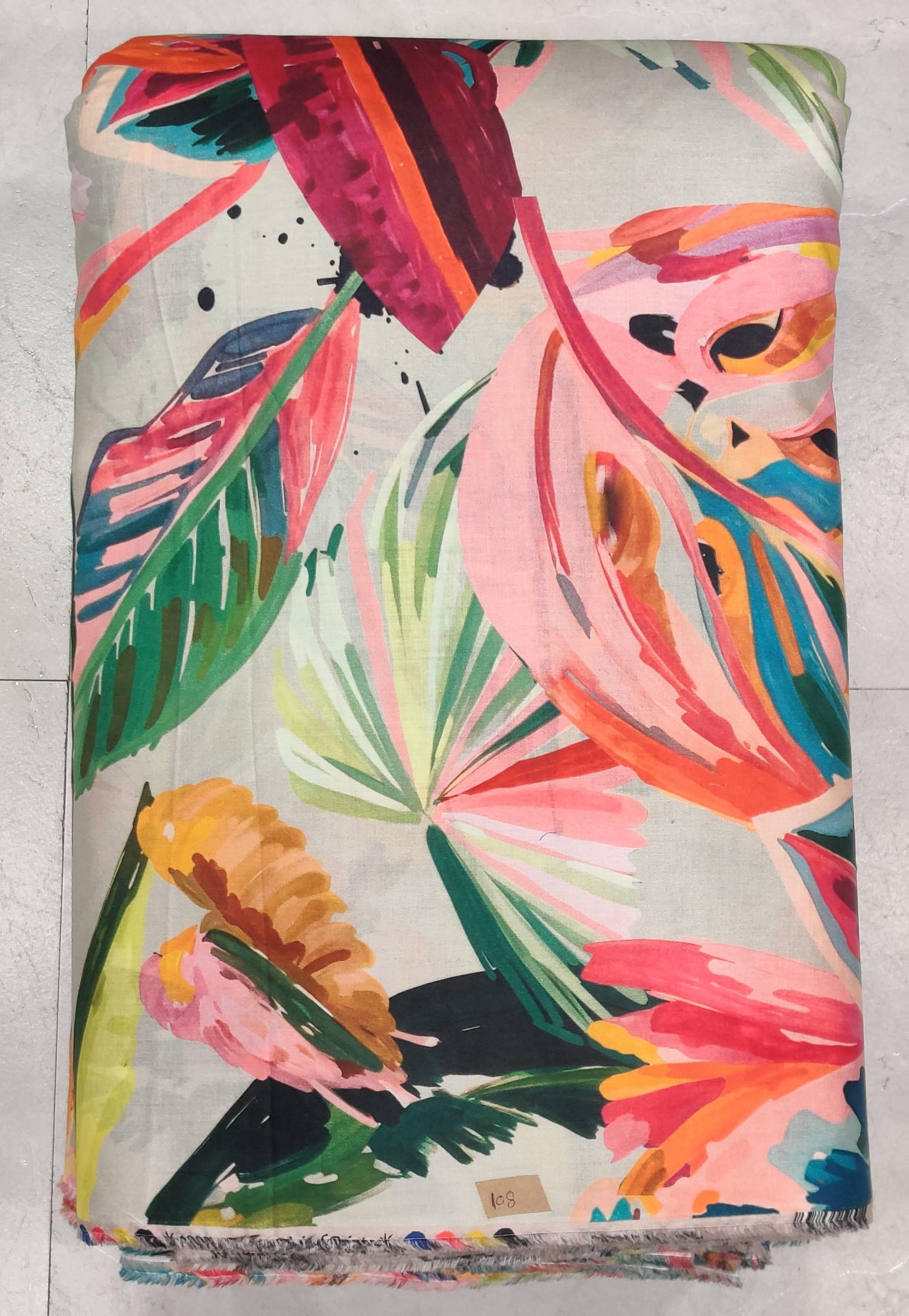 Vibrant coral pink and emerald green tropical botanical print, perfect for crafting breezy summer dresses and lively resort wear.