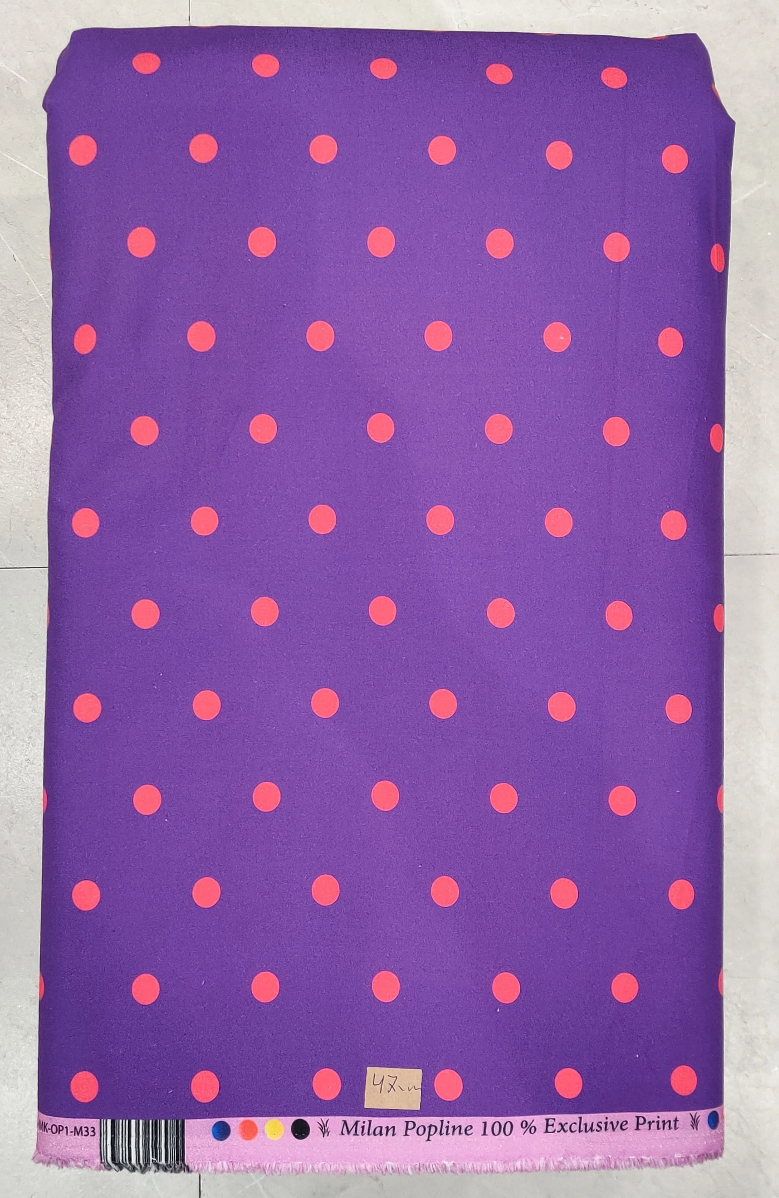 Rich purple background featuring a playful and neat repeating pattern of small, vibrant orange polka dots arranged in uniform vertical and horizontal rows.