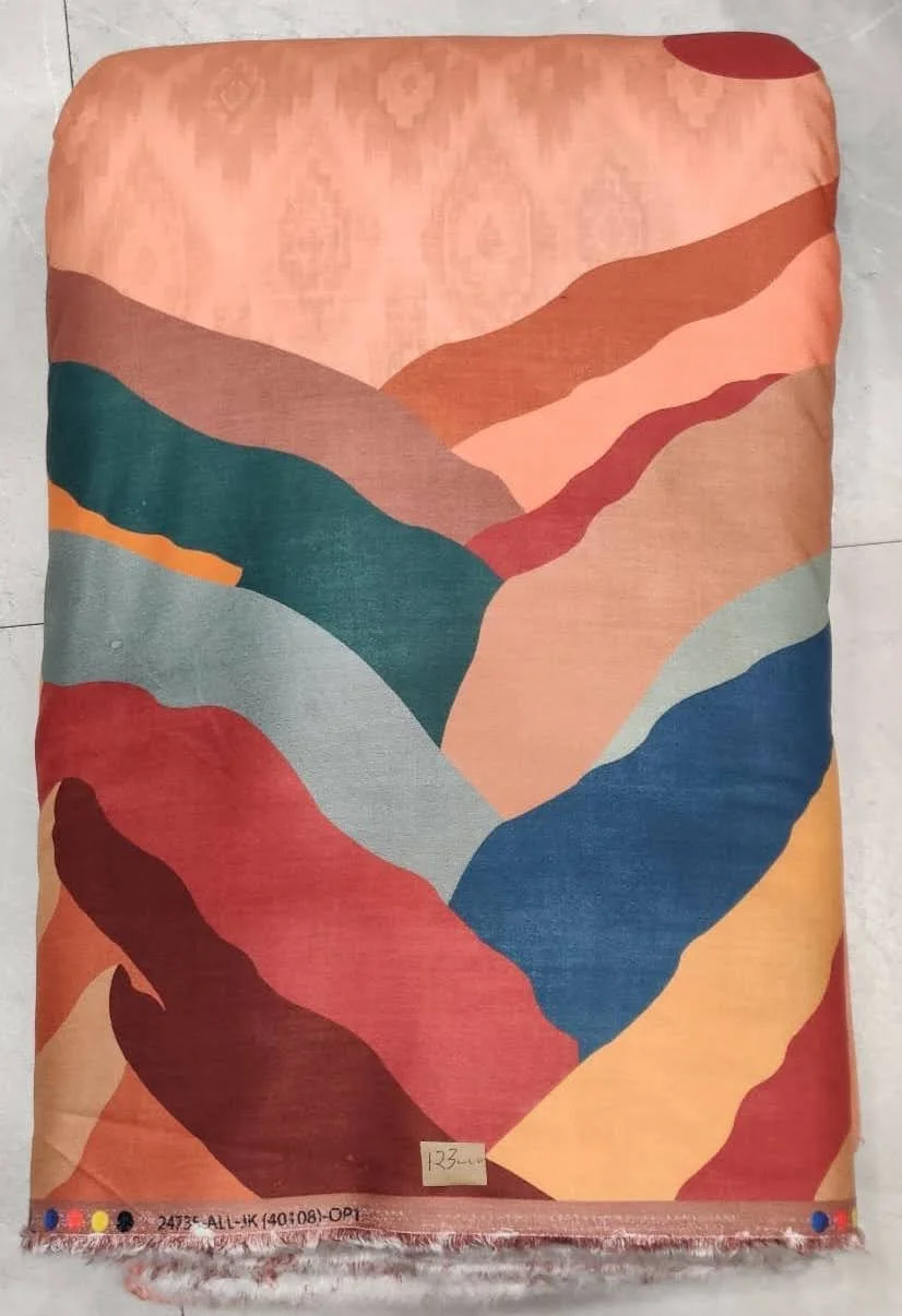 Luminous turquoise-blue and tangerine-orange textile featuring a vibrant abstract geometric layout with sweeping wavy panels, bold color blocks, and striking high-contrast accents.