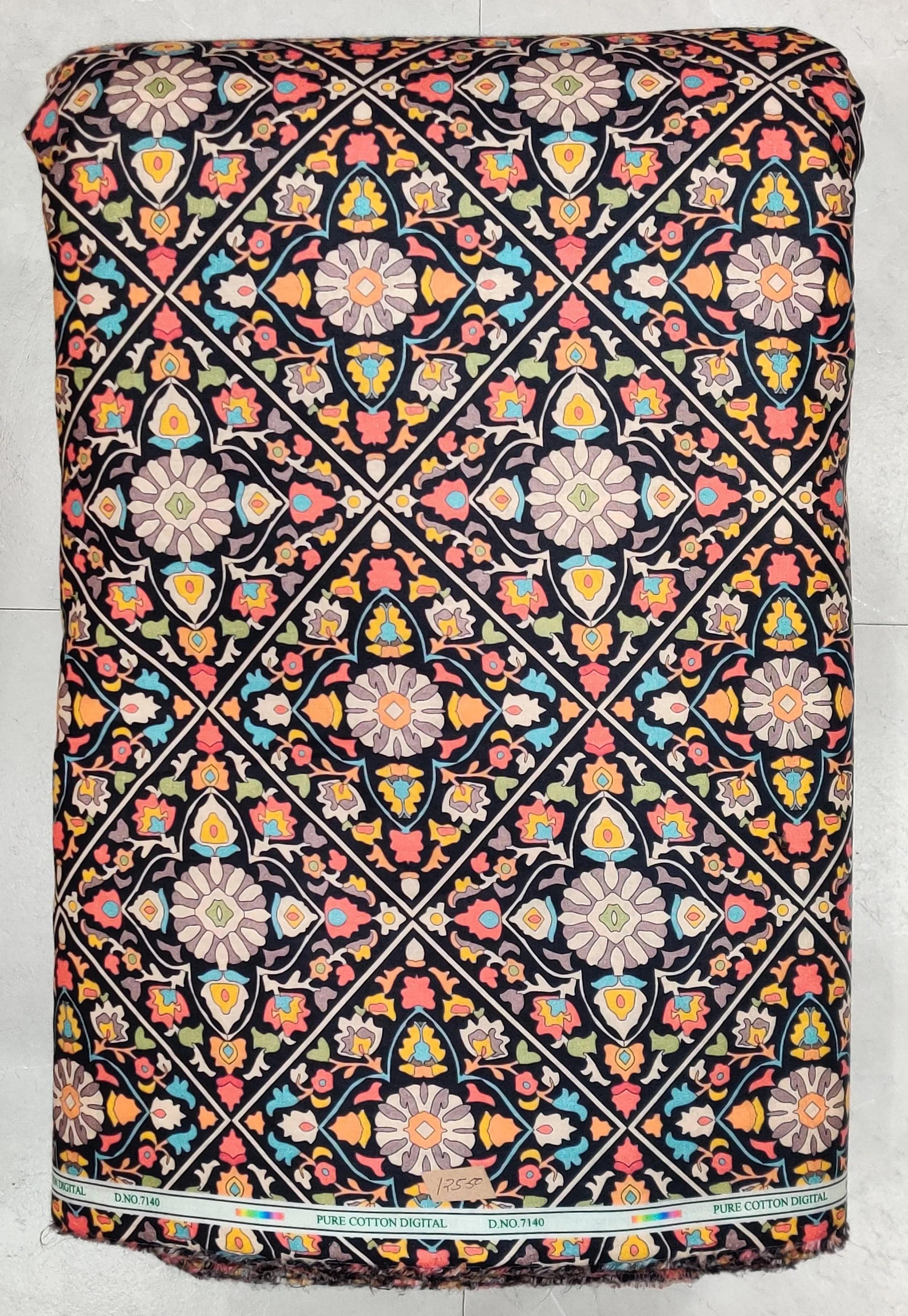 Bright yellow base scattered with vibrant pink, blue, and green floral and paisley motifs.