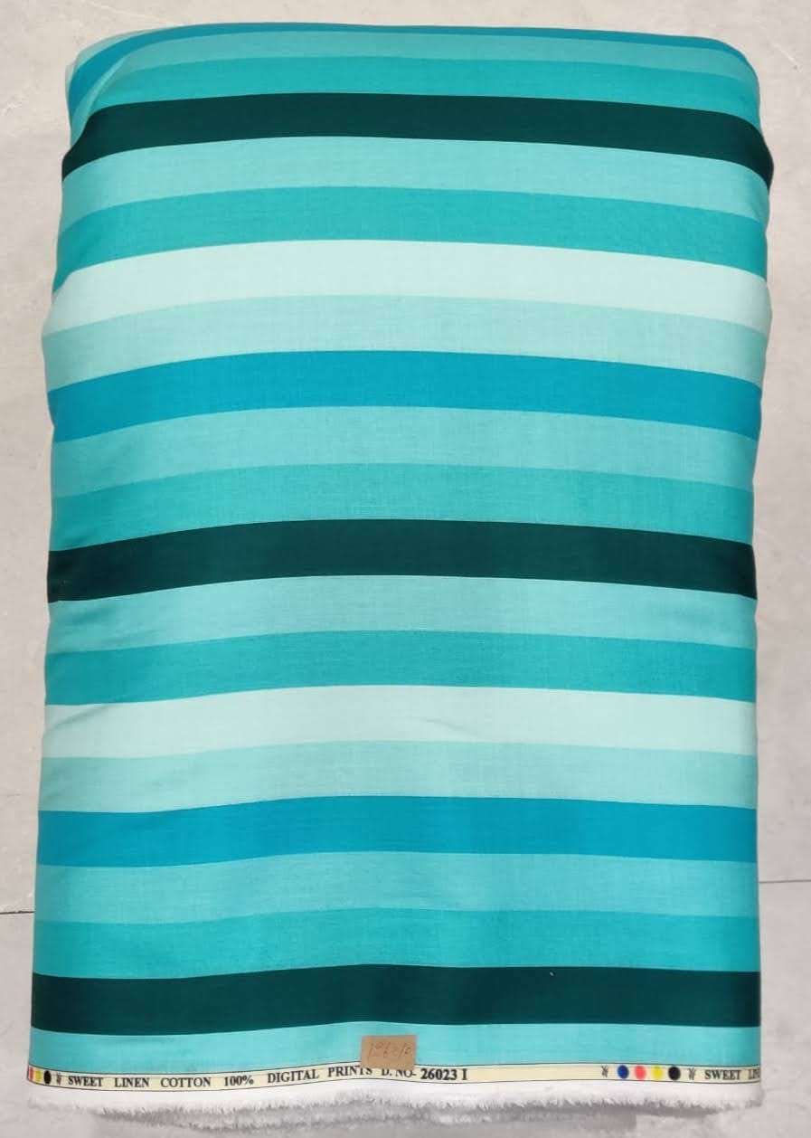 Vibrant multi-colored striped fabric featuring horizontal bands of bright turquoise, orange, magenta, and green with fine linear textures, arranged in a clean repeating sequence.