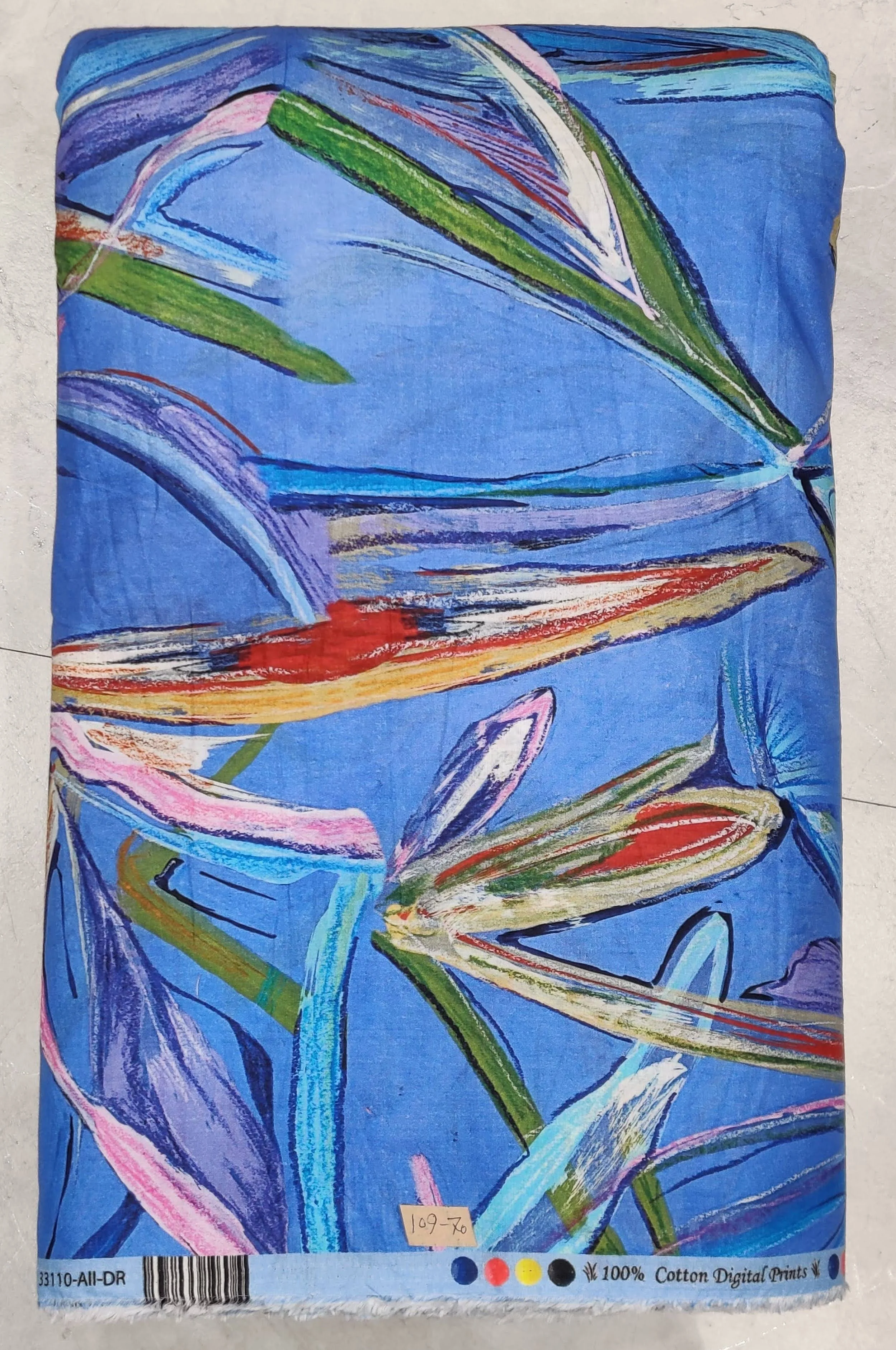 Rich royal blue background featuring abstract, colorful brushstrokes in shades of orange, yellow, and green, creating a dynamic, modern artistic print.