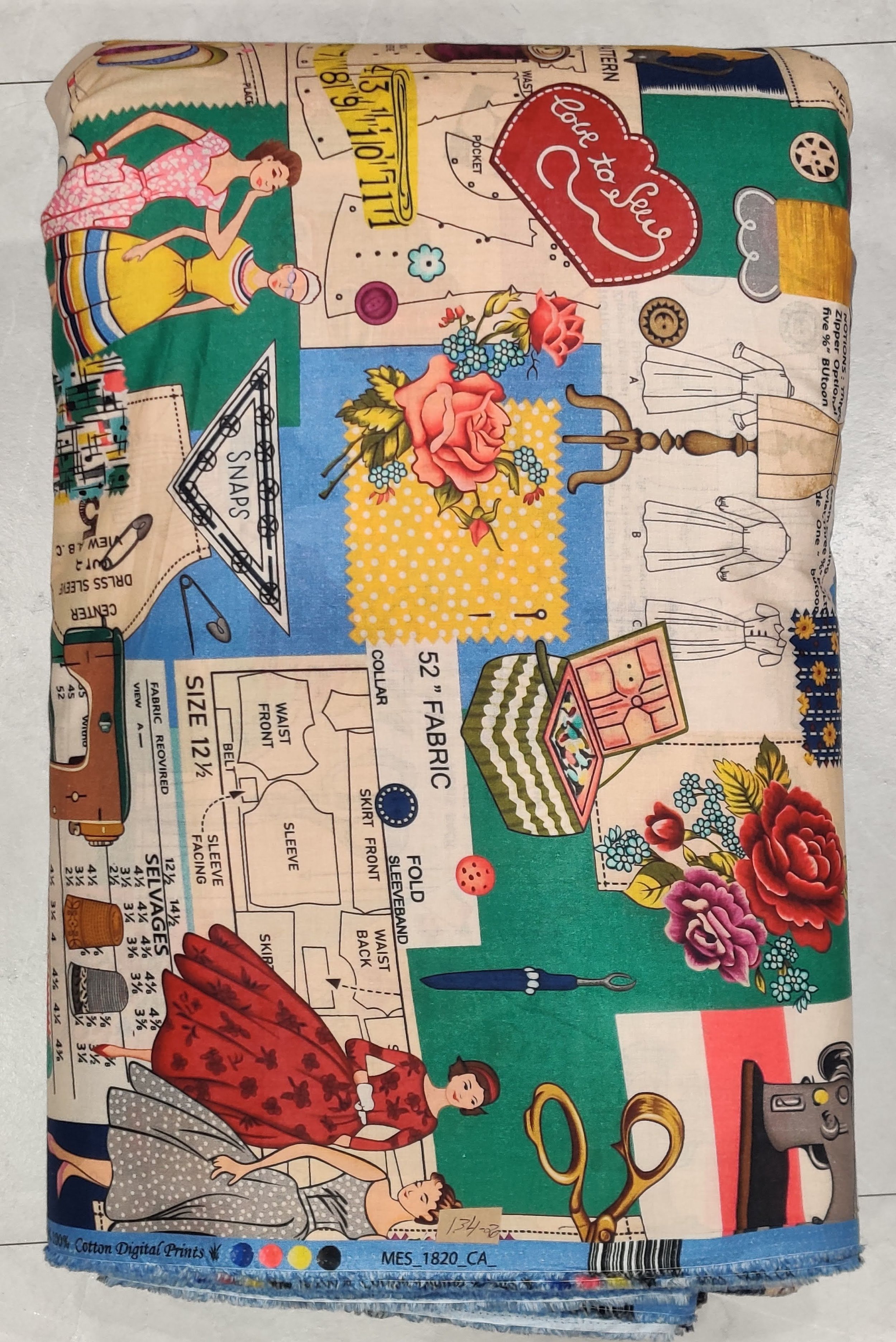 Eclectic vintage collage print featuring postcard and floral motifs in beige, green, and red, ideal for crafting quirky statement shirts and bohemian casual wear.