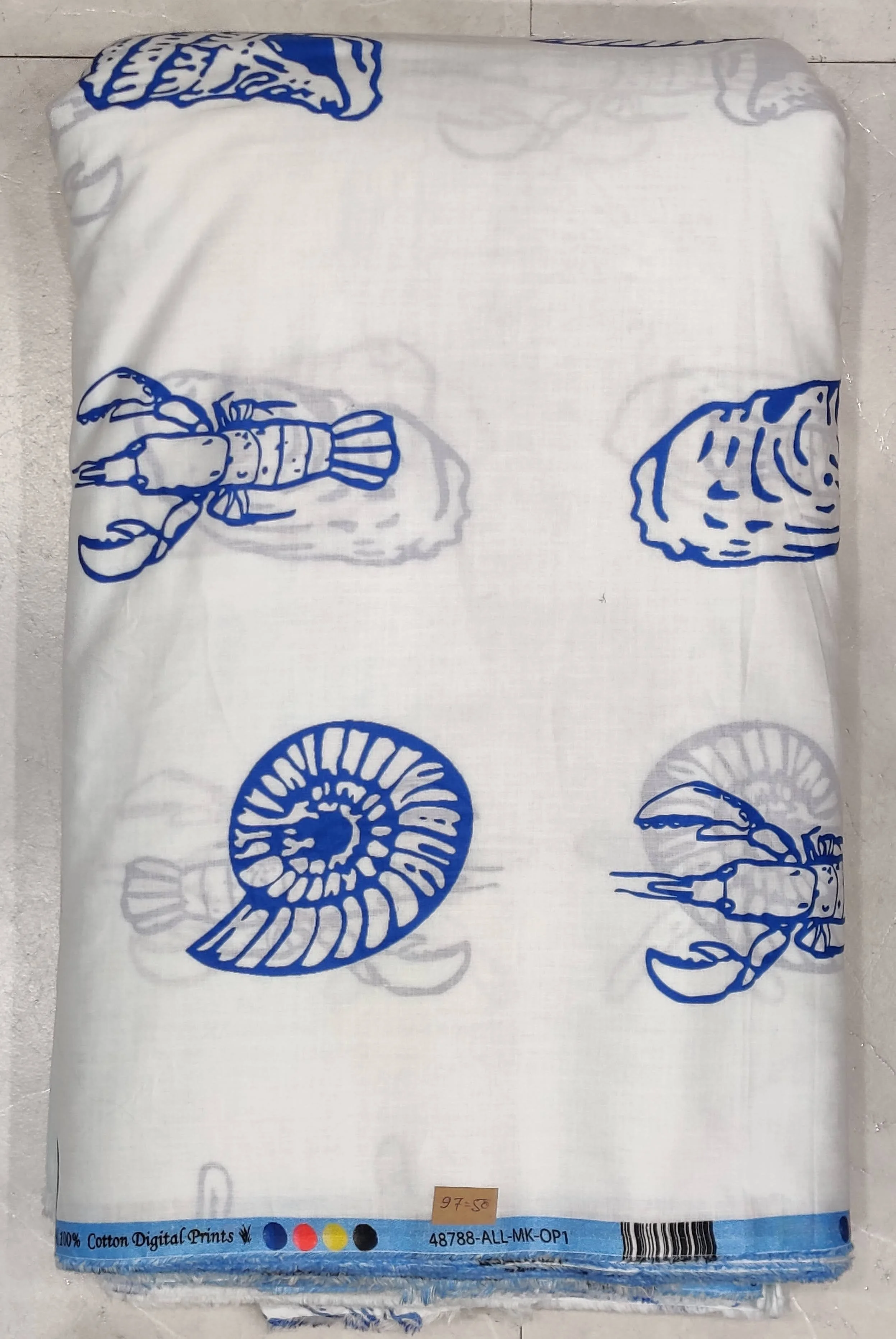 Crisp white fabric featuring blue nautical line-art motifs, perfect for crafting breezy summer shirts and relaxed resort wear.