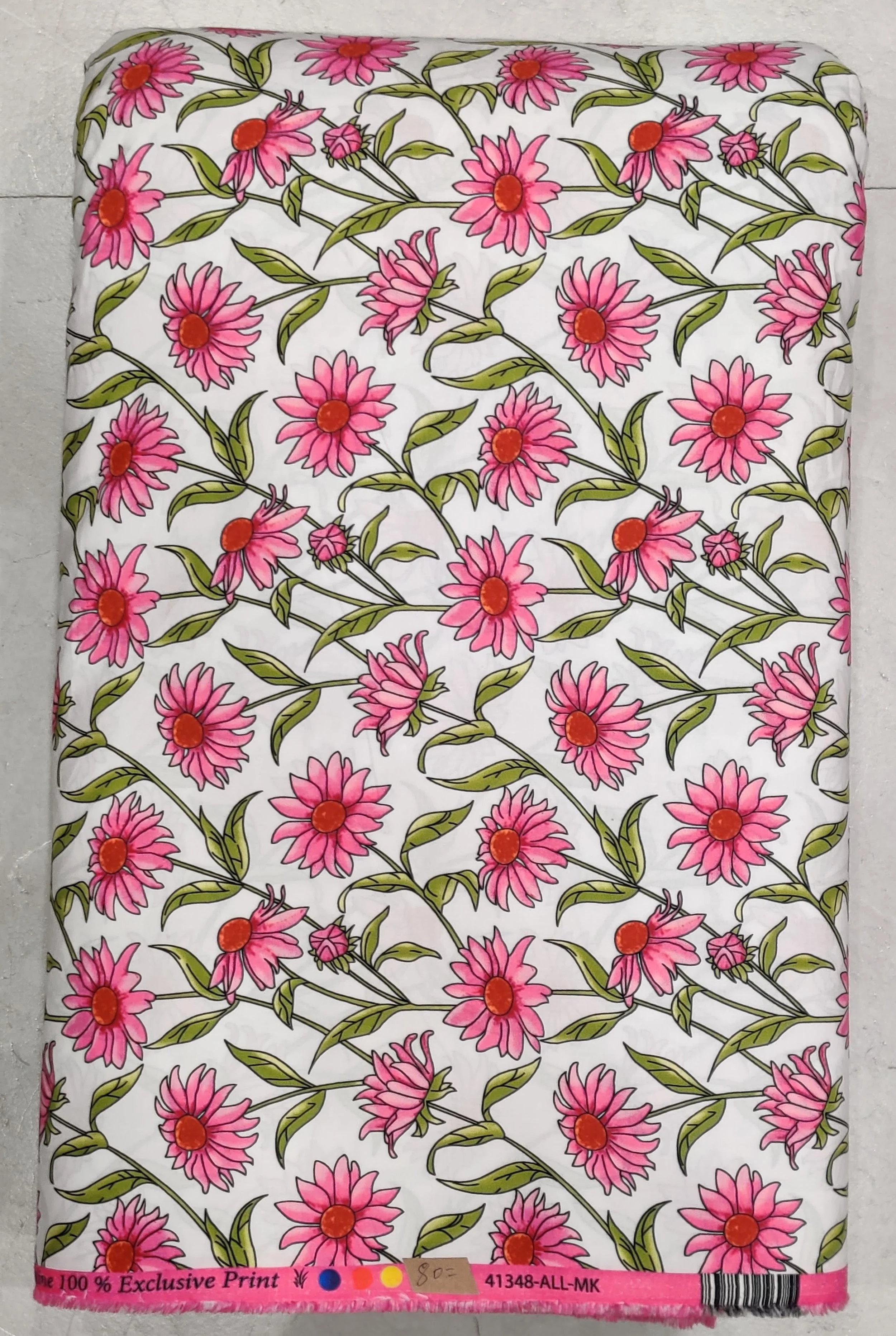 Crisp white background featuring a delicate, elegant layout of horizontal striped bands alternating with rows of blooming pink floral bouquets and fine green leafy vines.