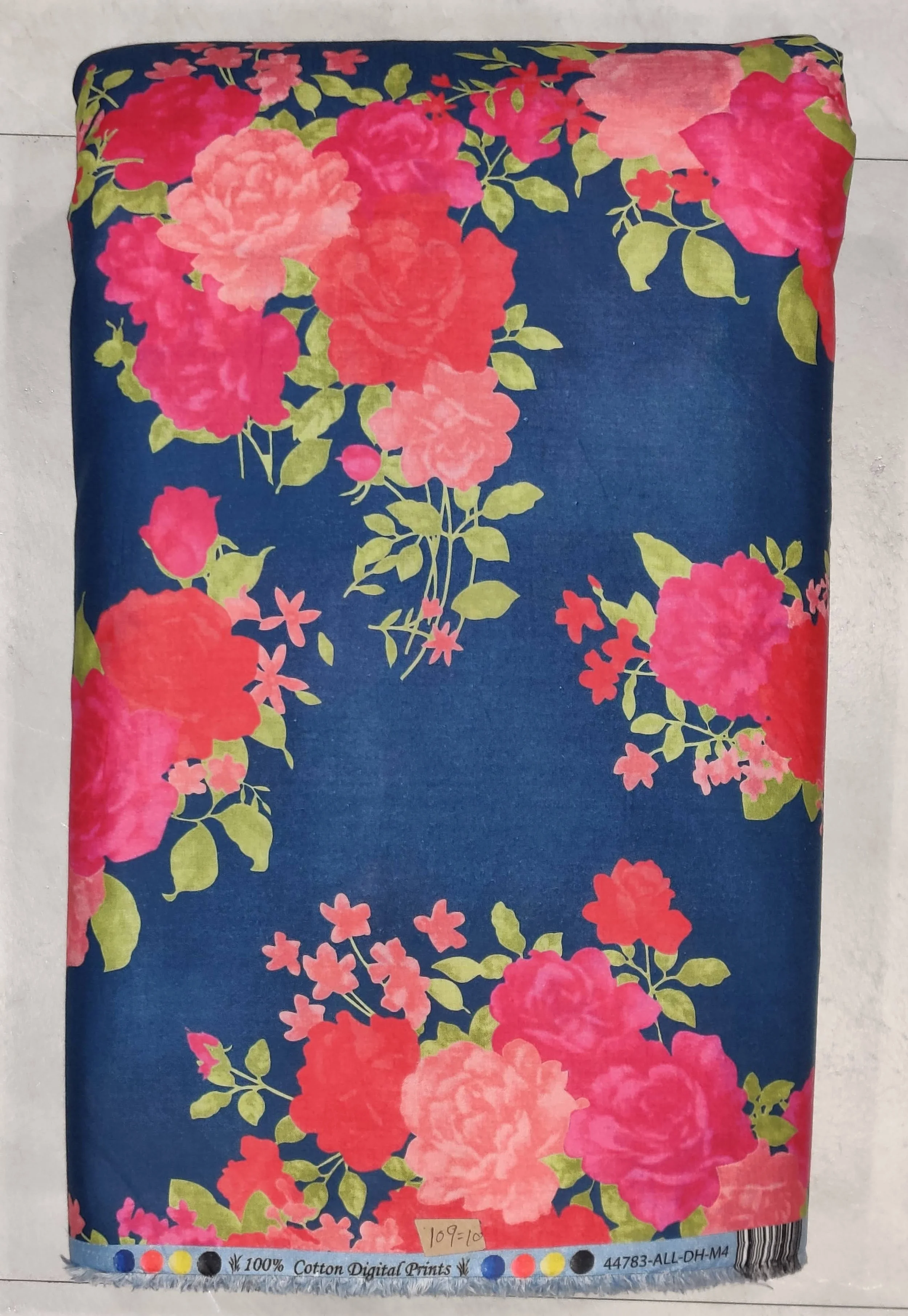 Striking navy blue and vibrant pink floral print, perfect for crafting elegant ethnic kurtis and breezy summer dresses.