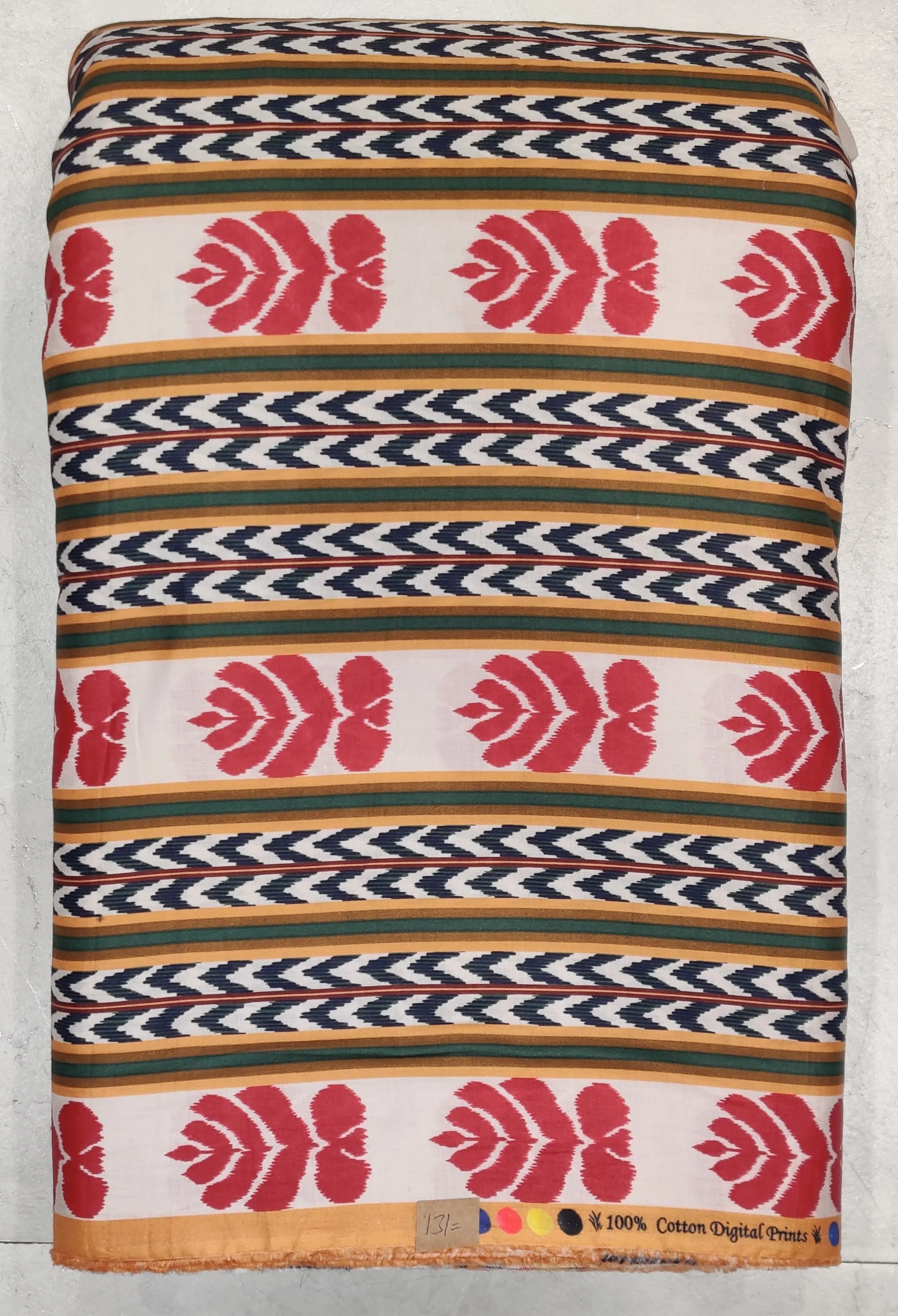 Light beige base featuring horizontal stripes patterned with repeating pink and black geometric wave motifs.