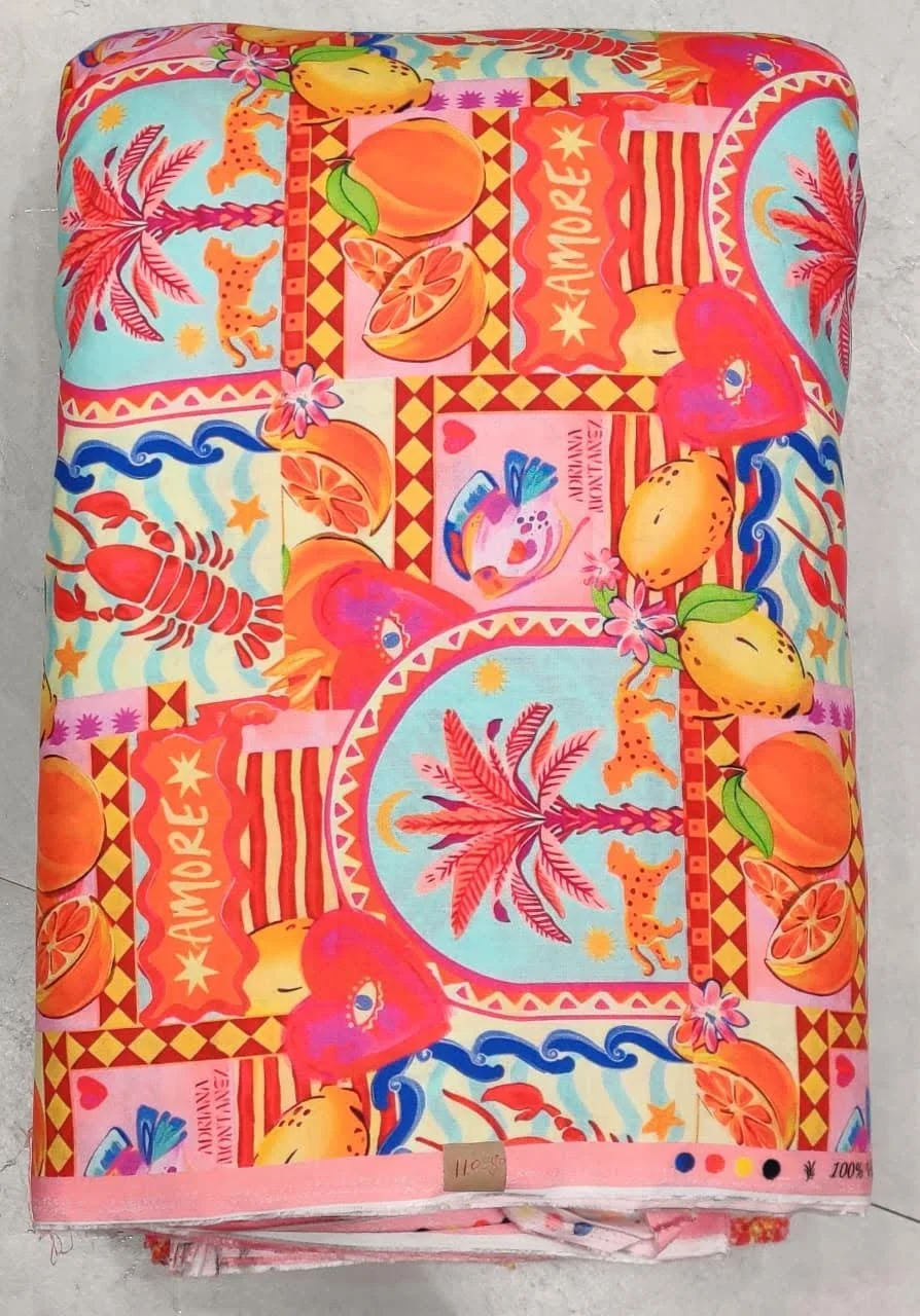 Vivid cobalt-blue and sunshine-yellow canvas featuring an energetic tropical composition with vibrant floral clusters, sweeping organic fronds, and striking color-blocked borders.