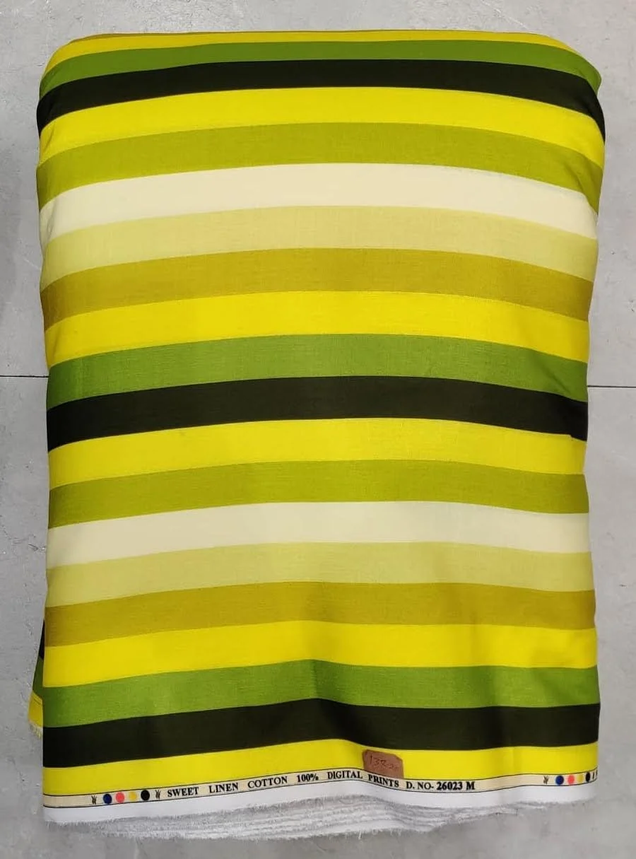 Vibrant multi-colored striped fabric featuring horizontal bands of bright turquoise, orange, magenta, and green with fine linear textures.