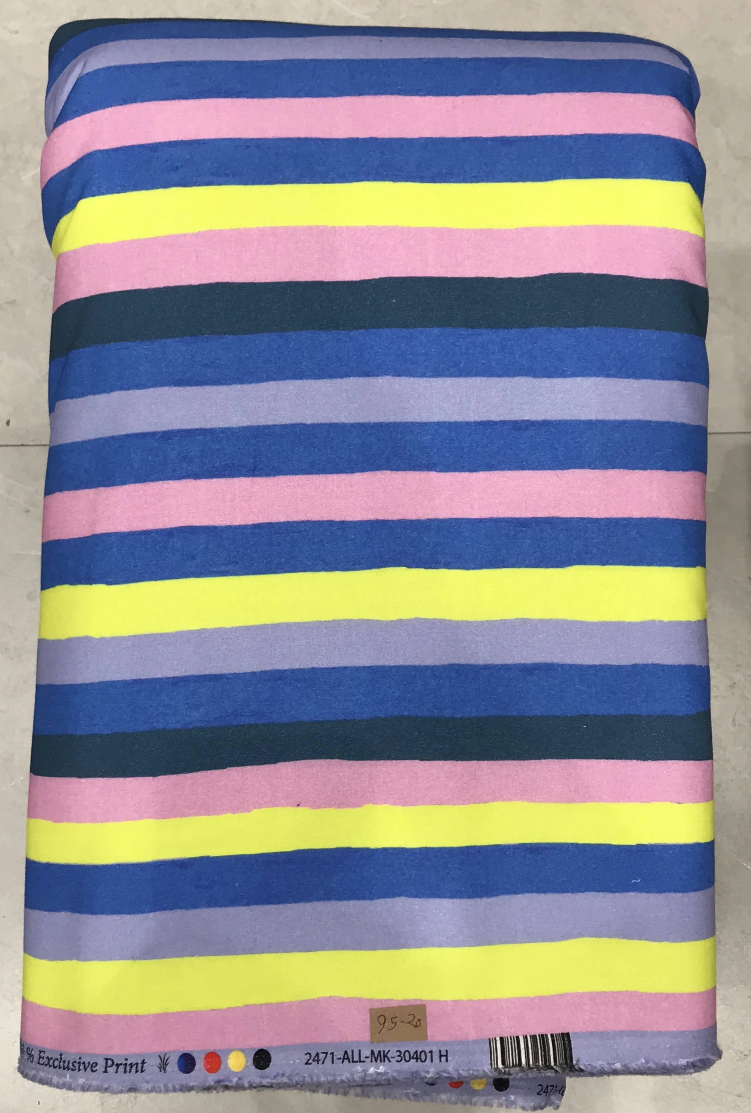 Vibrant horizontal stripe fabric featuring bold bands of royal blue, pink, bright yellow, and navy blue against a soft background.