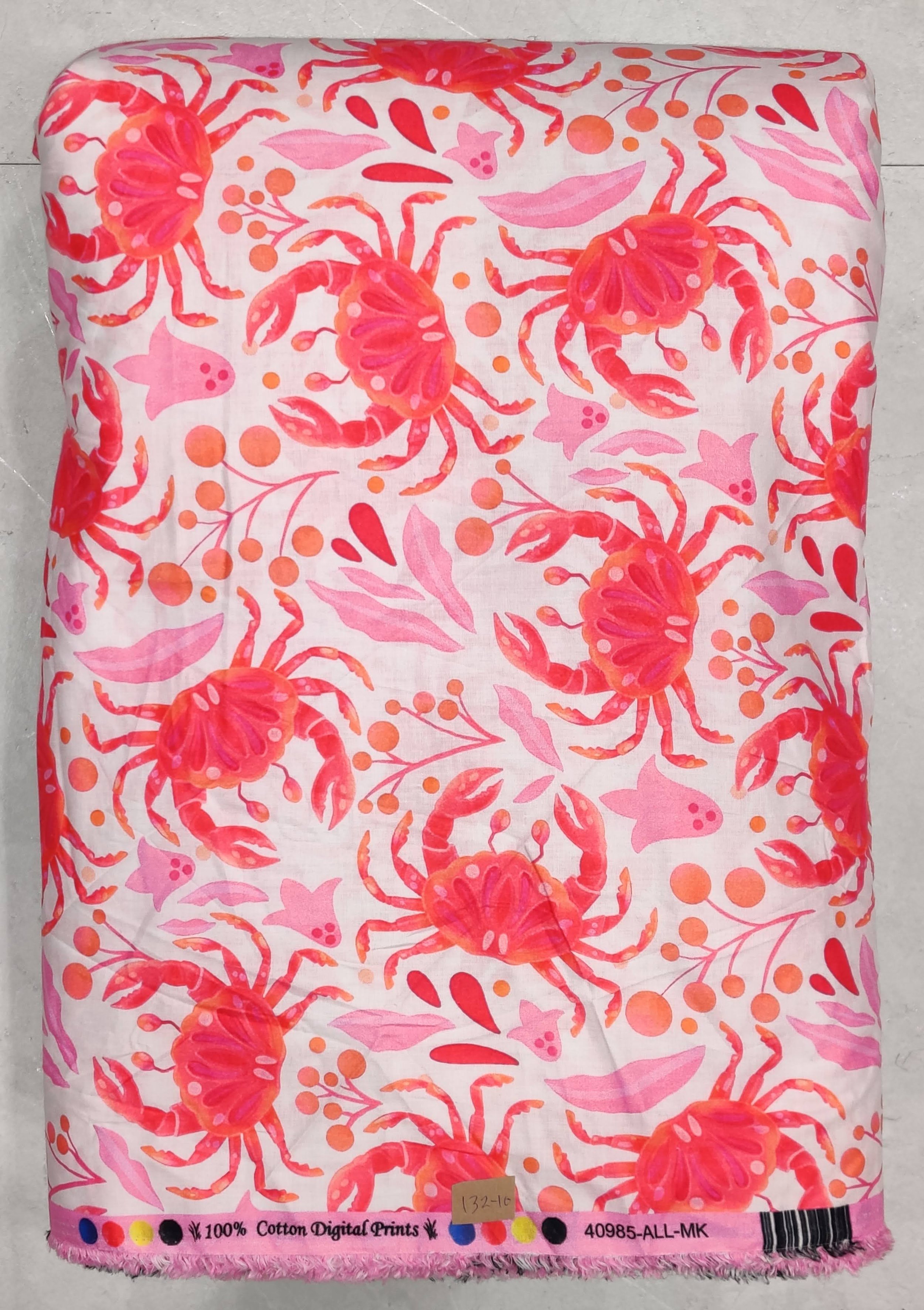 Light background scattered with a repeating pattern of bright red crabs and soft pink coral branches.