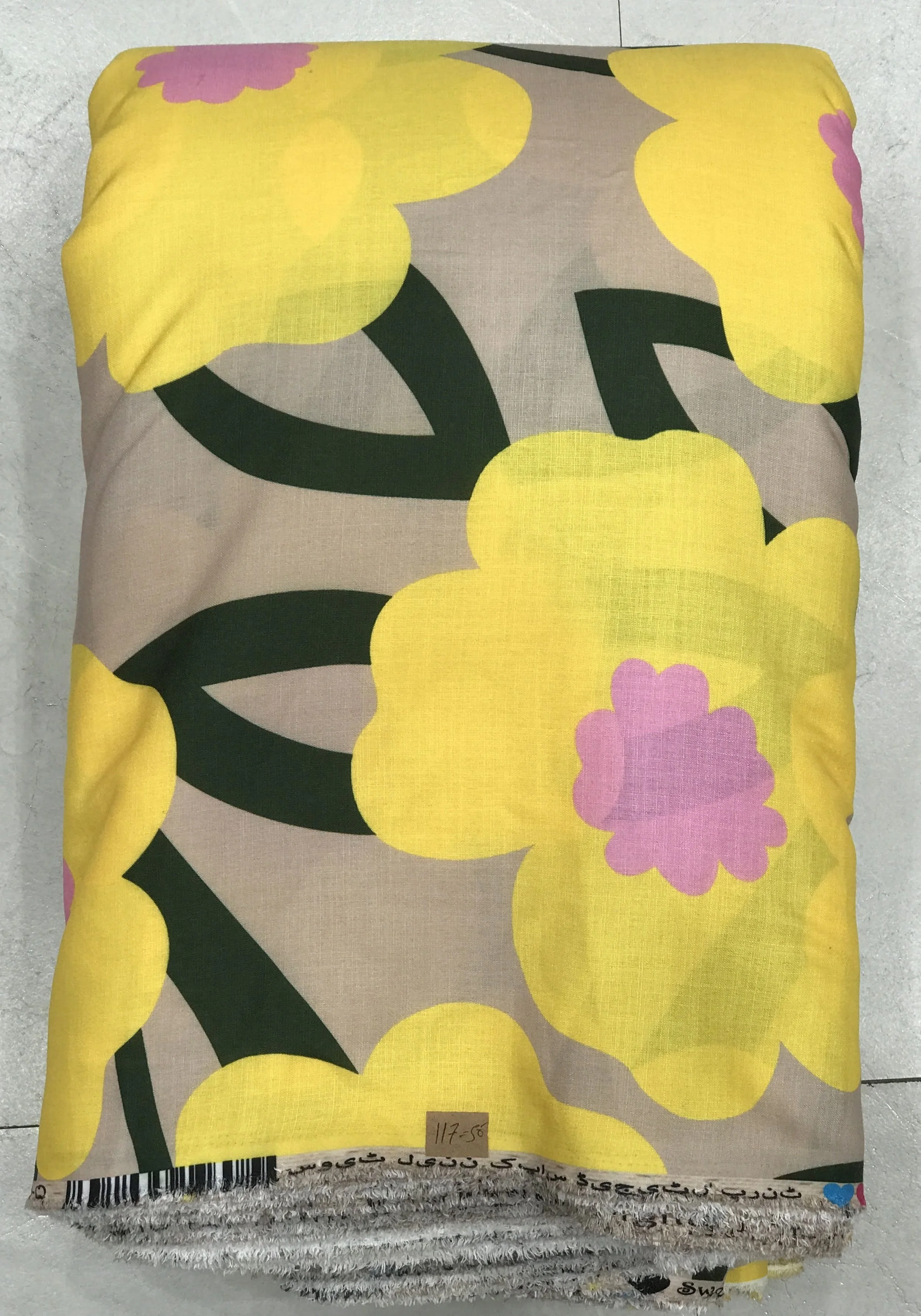 Bold slate-grey, soft taupe, and vibrant mustard-yellow fabric featuring an abstract floral composition with large-scale overlapping petals, clean contrasting silhouettes, and a balanced contemporary layout.