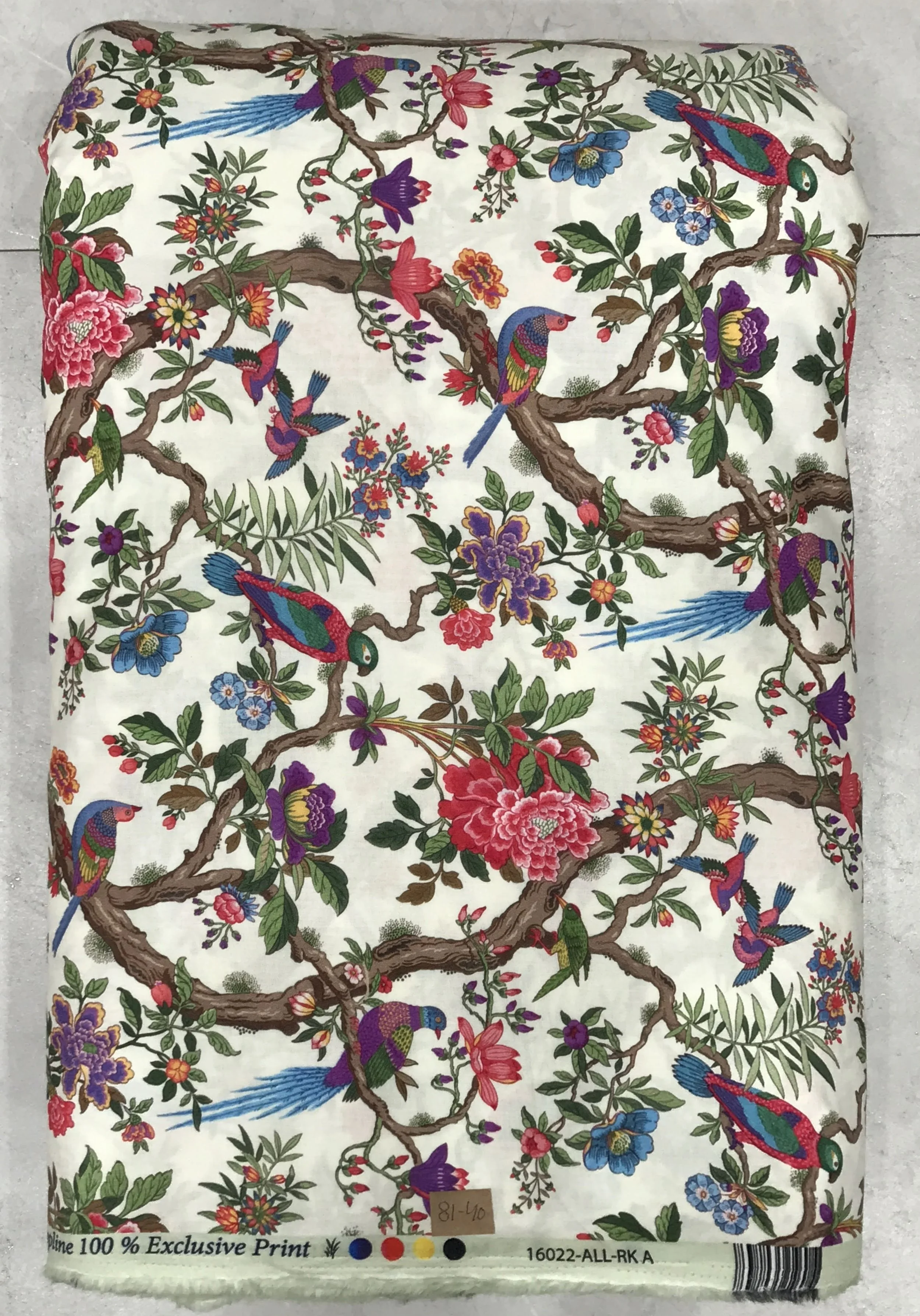 Crisp white background featuring a dense, picturesque tropical Chinoiserie print with delicate flowering tree branches, colorful exotic birds, and intricate botanical details.