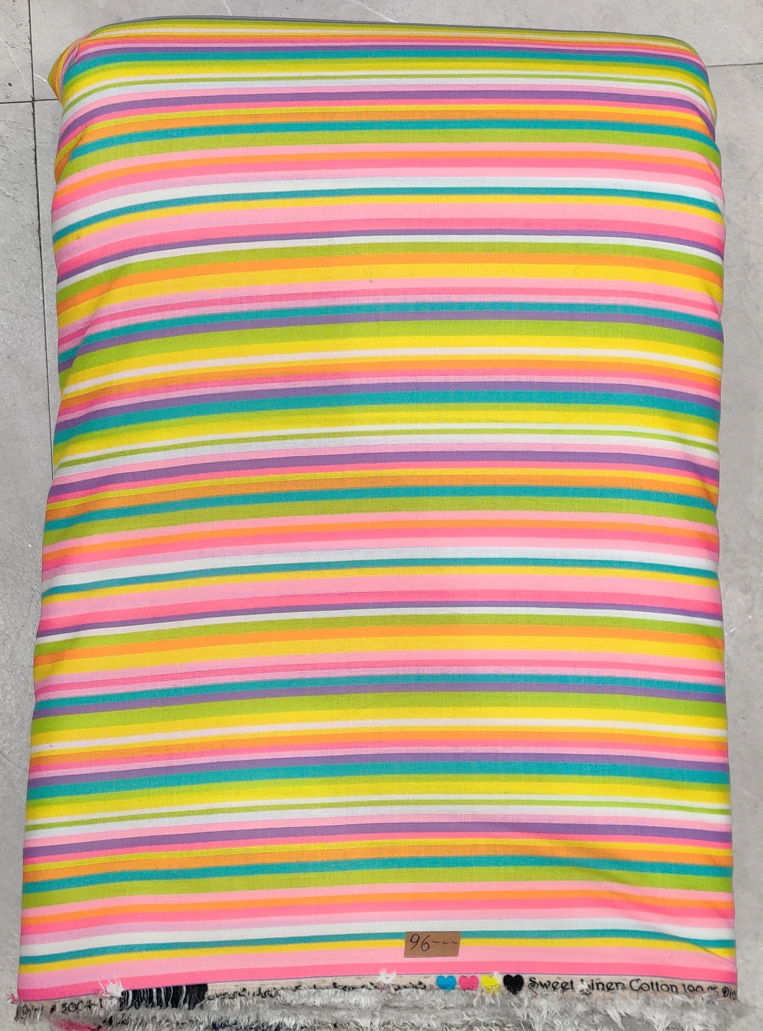 Vibrant multi-colored striped fabric featuring horizontal bands of bright pink, yellow, turquoise, and orange with fine textured detailing.