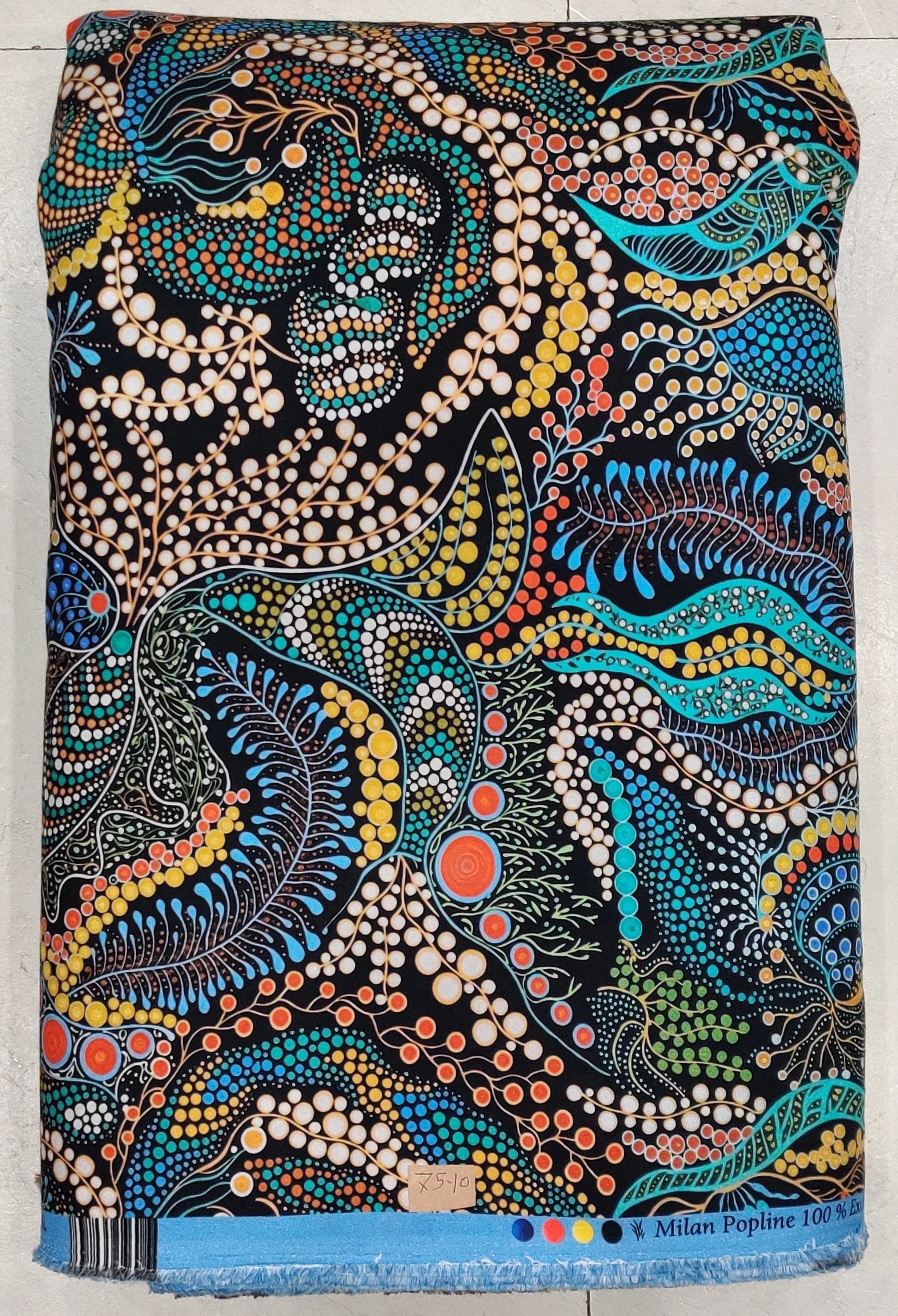 Rich dark charcoal or black background featuring an intricate, flowing abstract paisley and medallion print with vibrant accents of turquoise, deep orange, teal, and soft yellow.