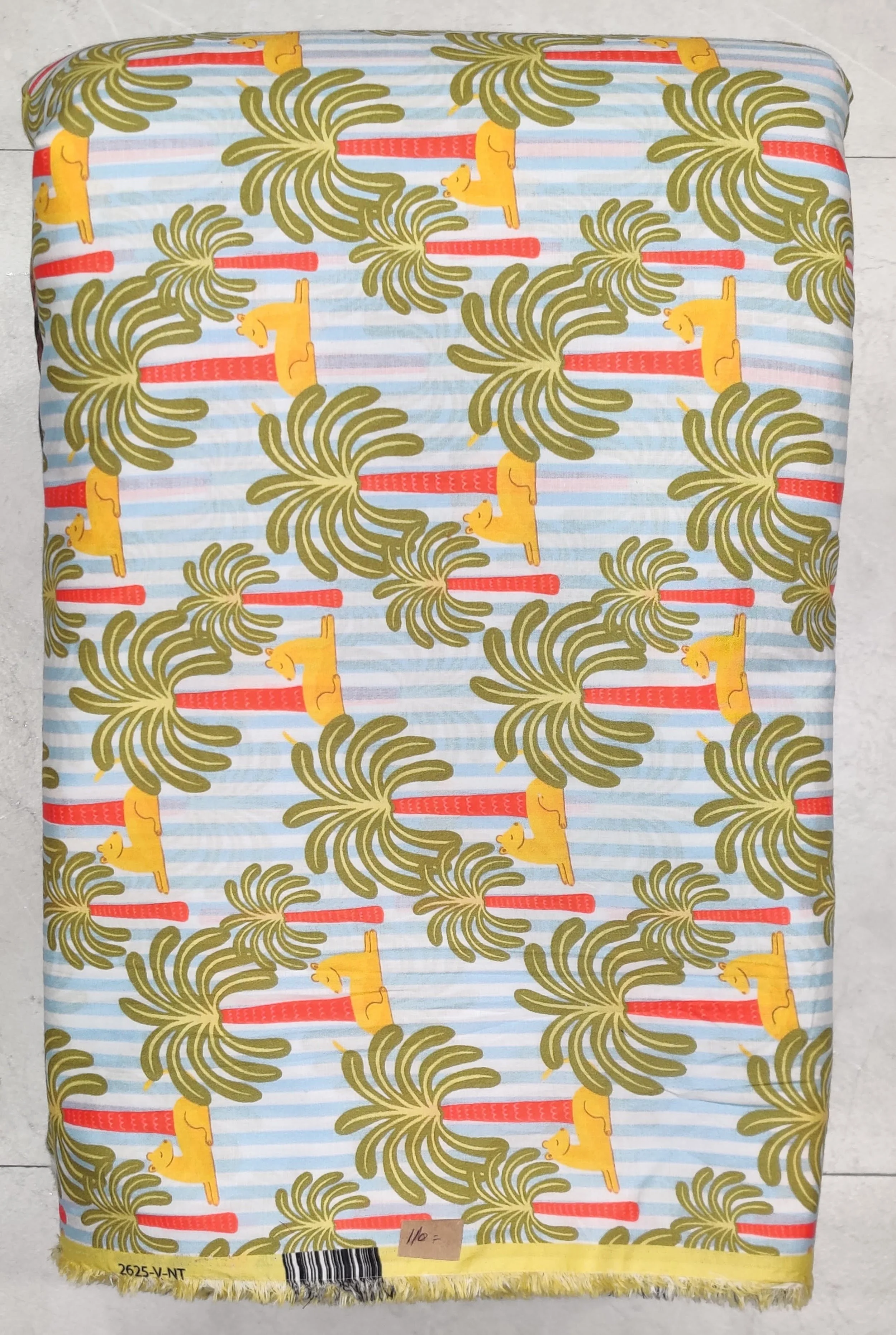 White base with thin multicolored horizontal stripes, patterned with green tropical palm leaves and small pink accents.