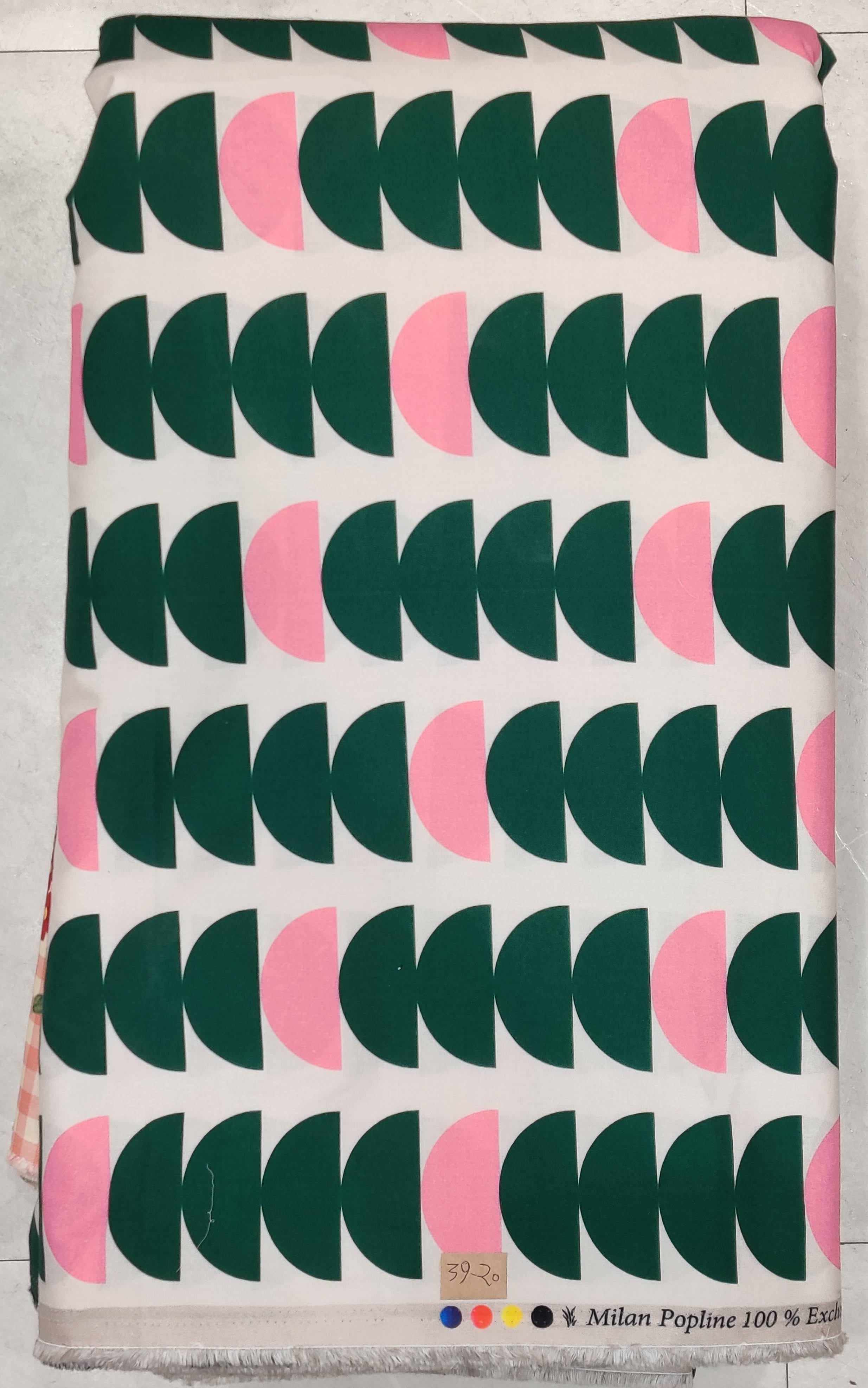 Crisp white background featuring a modern geometric pattern of repeating vertical rows of abstract half-circle or curved fan motifs in alternating shades of deep teal-green and vibrant magenta pink.