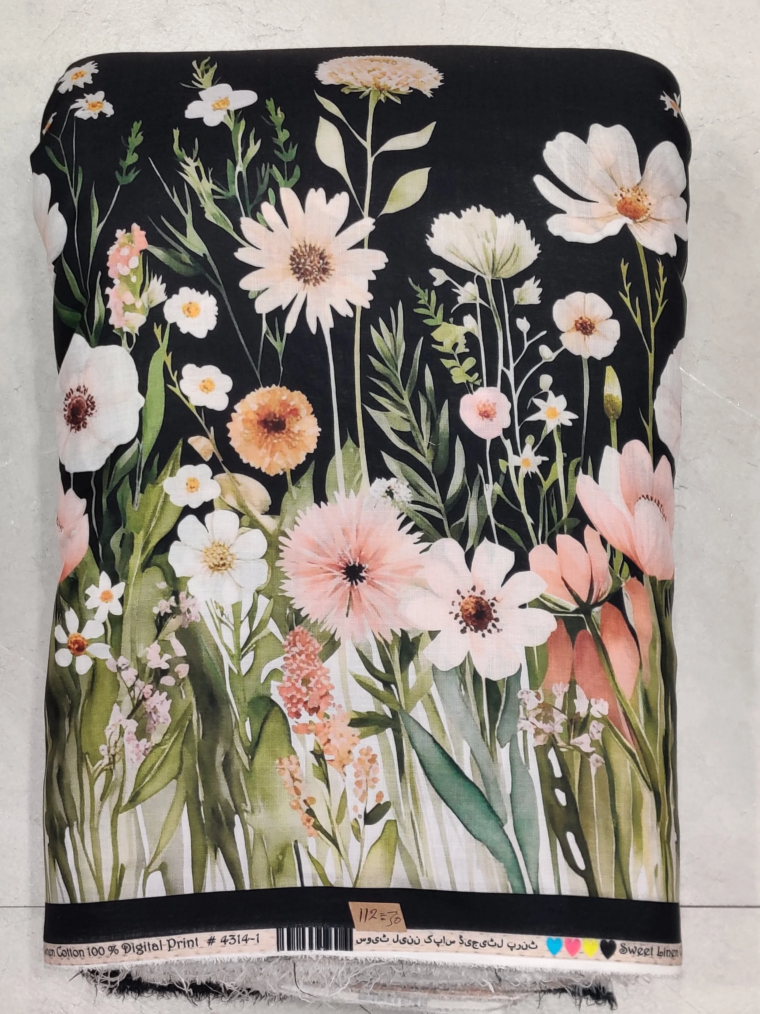 Luxurious jet-black modal-fabric featuring a vibrant cluster of blooming pastel-pink, soft peach, and white botanical flowers across the panel, crafted for premium ethnic wear and graceful draped silhouettes.
