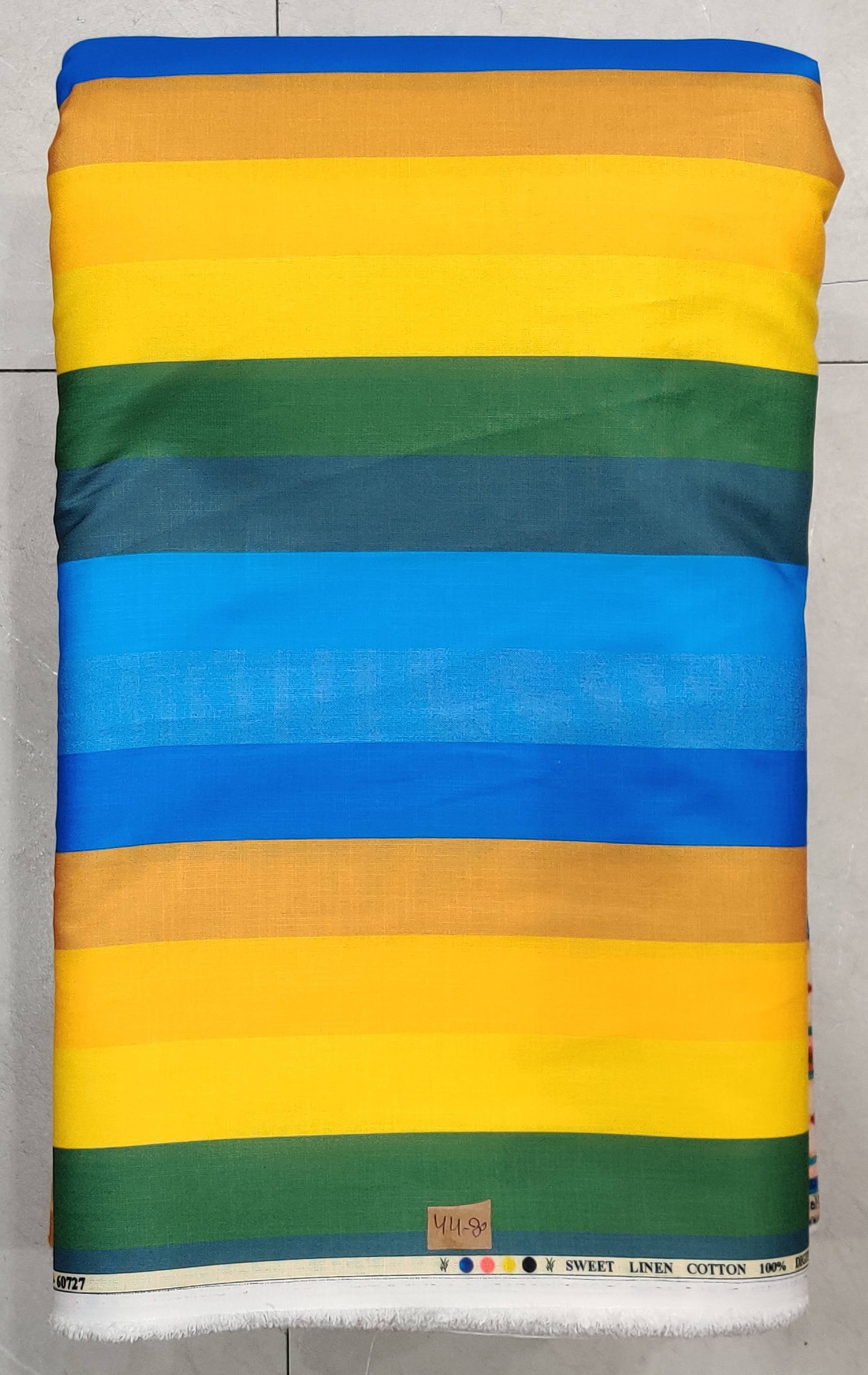 Vibrant multi-colored striped fabric featuring horizontal bands of bright turquoise, orange, magenta, and green with fine linear textures.