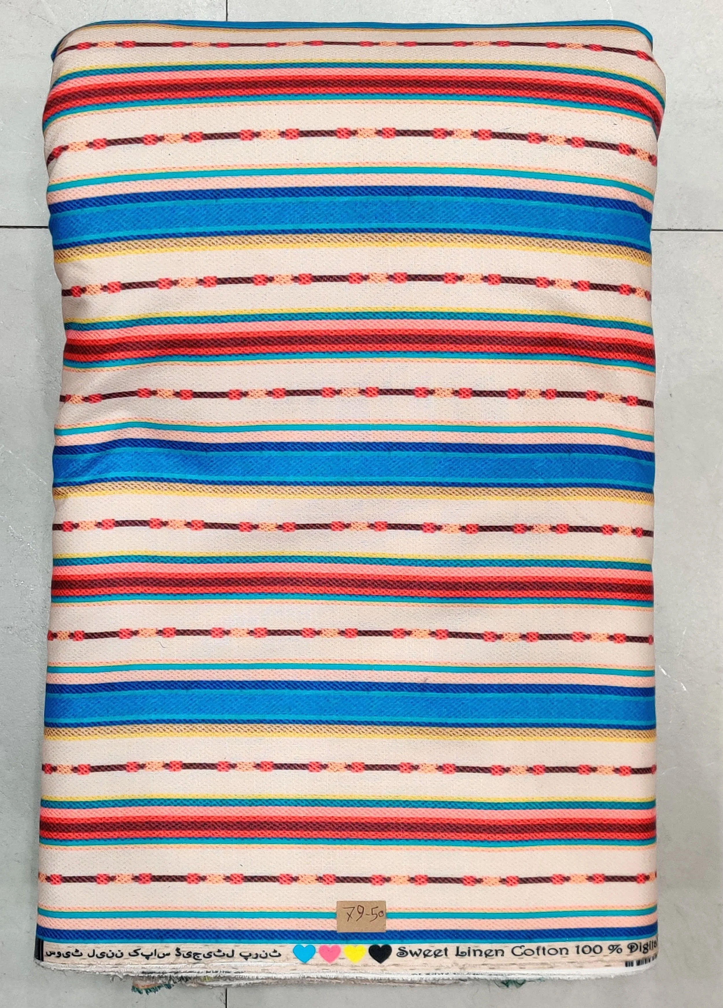 Vibrant multi-colored striped fabric featuring horizontal bands of bright pink, turquoise, yellow, and orange with fine linear textures.