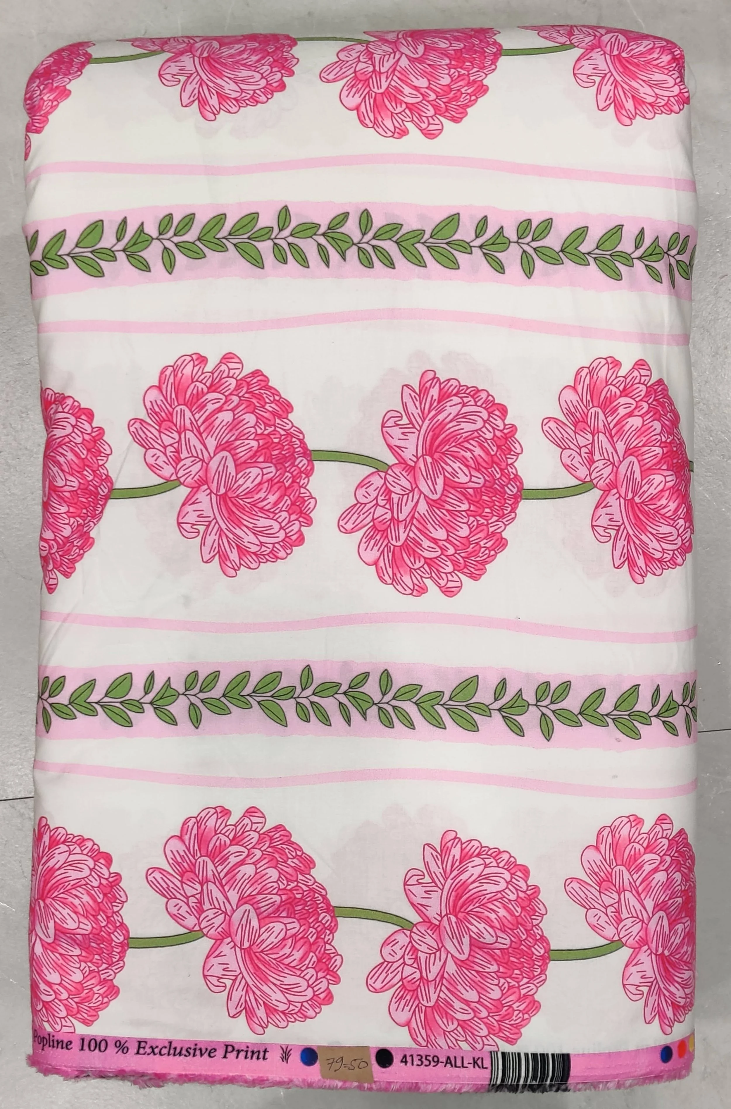 Crisp white and soft pink background featuring a delicate, elegant layout of horizontal striped bands alternating with rows of blooming pink floral bouquets and fine green leafy vines.