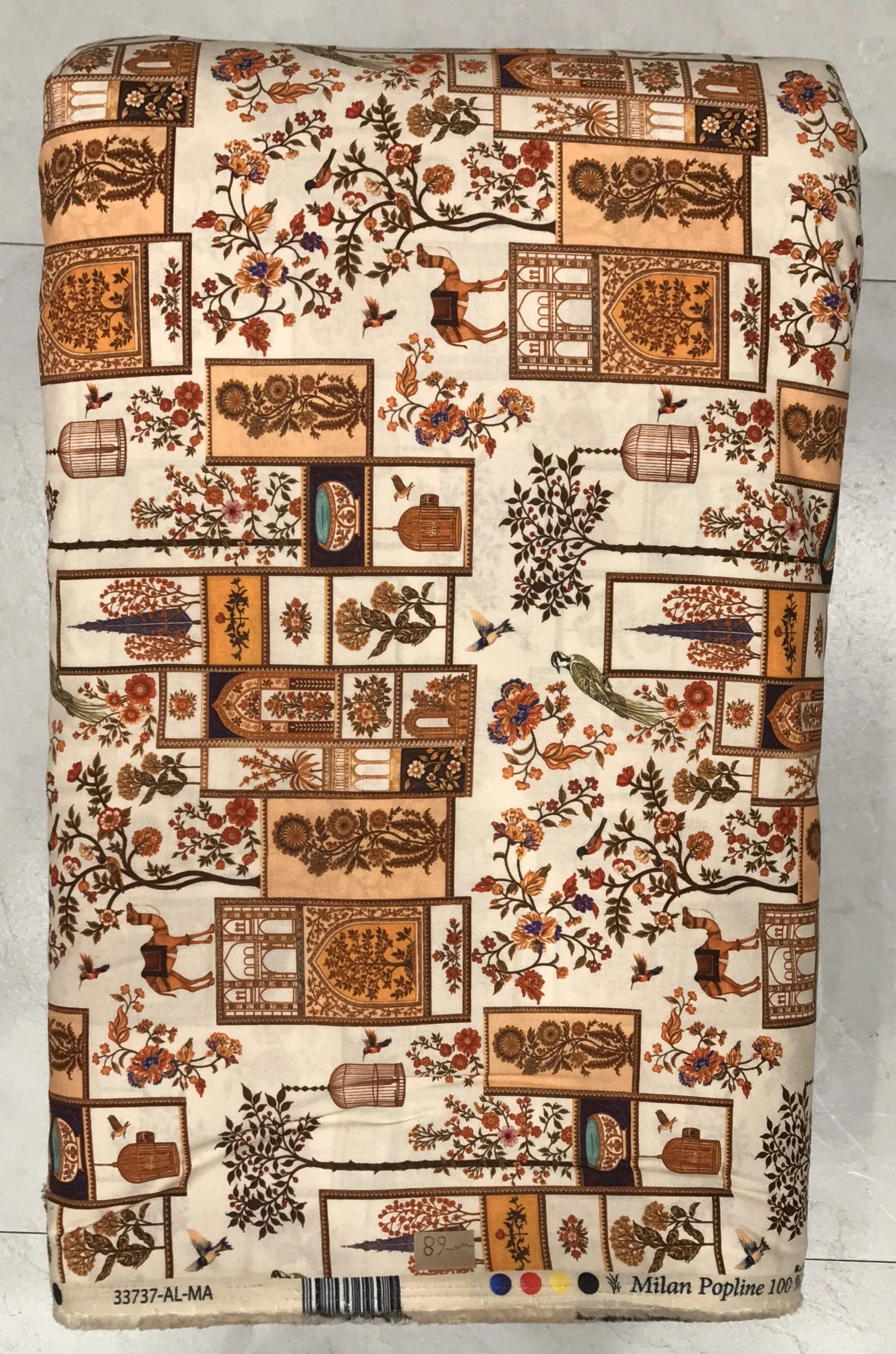 Rich cream, beige, and warm brown background featuring an intricate, vintage window and architectural tile collage print with detailed botanical illustrations and ornate frames.