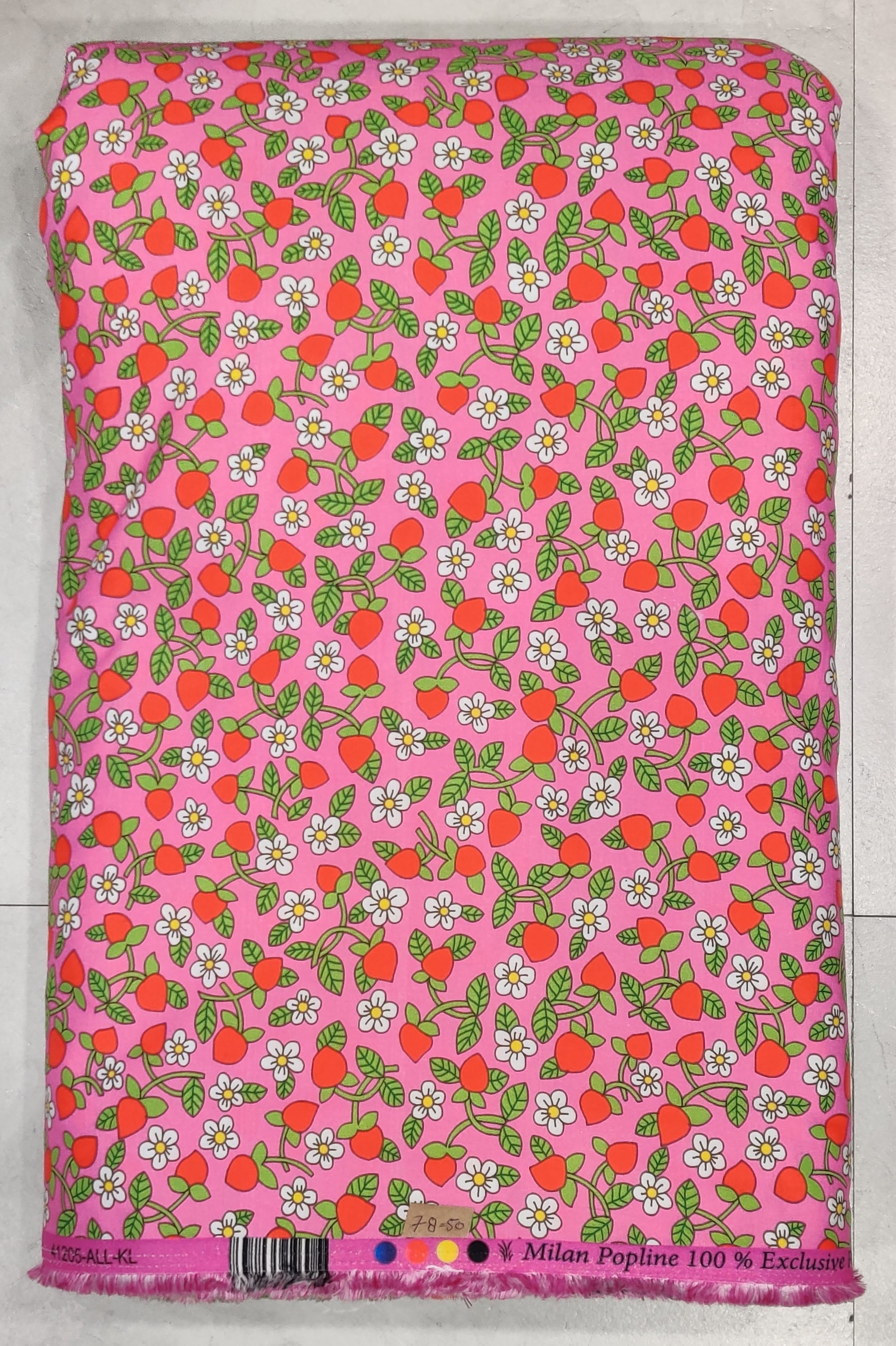 Bright coral-pink or soft red background featuring a dense, playful print of small white daisies or cherry blossom motifs with contrasting dark centers.
