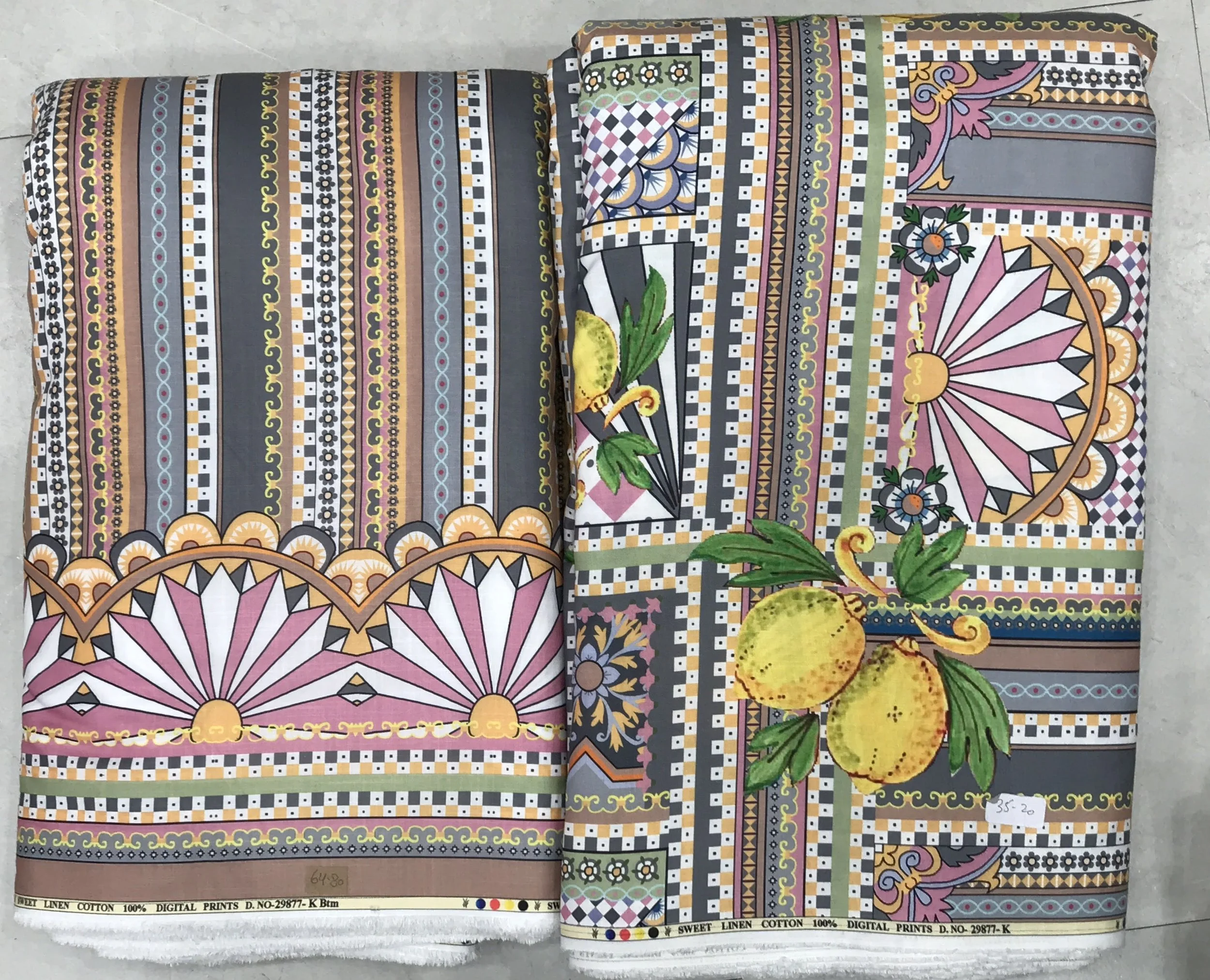 Luxurious multi-paneled fabric featuring vibrant striped sections with clean horizontal bands on the left, paired with an elaborate baroque and floral border print showcasing rich ornamental motifs, detailed motifs, and warm golden-amber accents alon