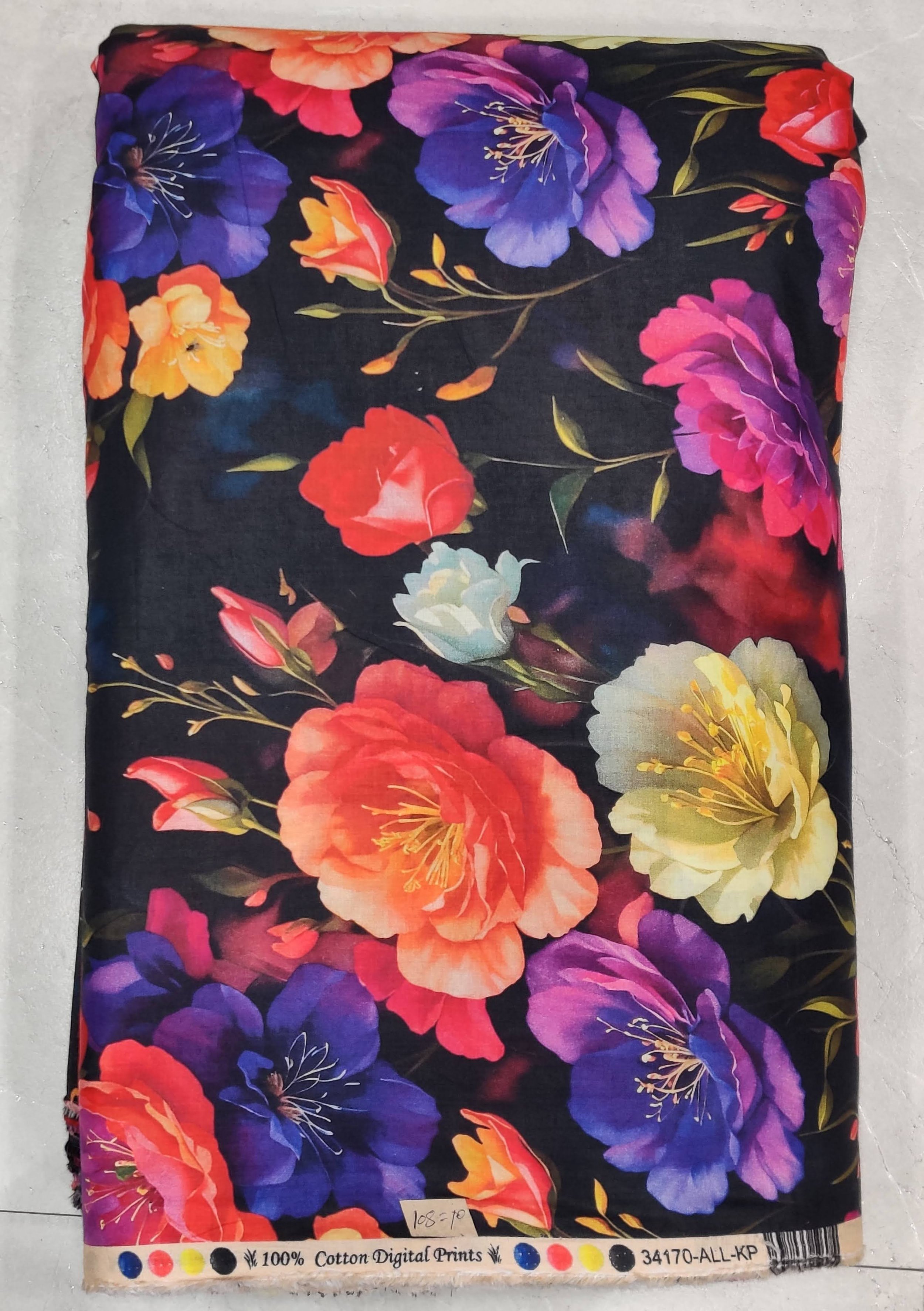 Vibrant royal blue background featuring a dense, colorful tropical print with cascading floral blooms and lush green foliage.