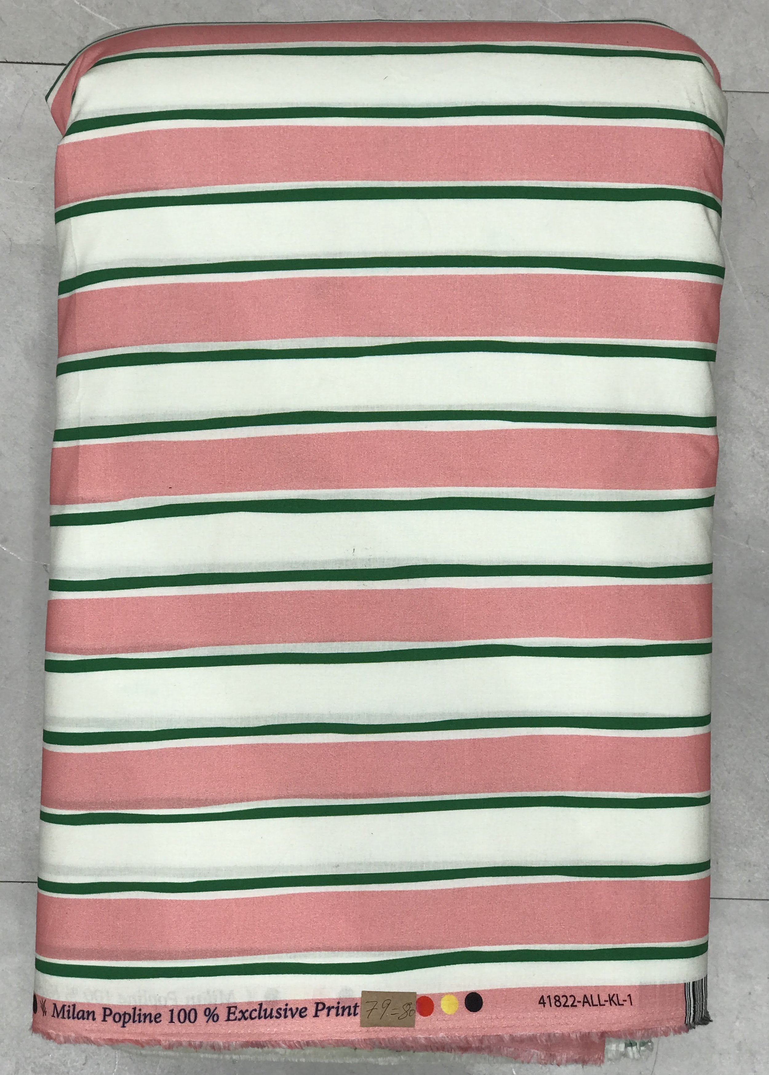 A rolled bolt of soft fabric featuring a clean, horizontal striped pattern with alternating bands of white, soft pink, deep green, and thin charcoal lines against a textured neutral background.
