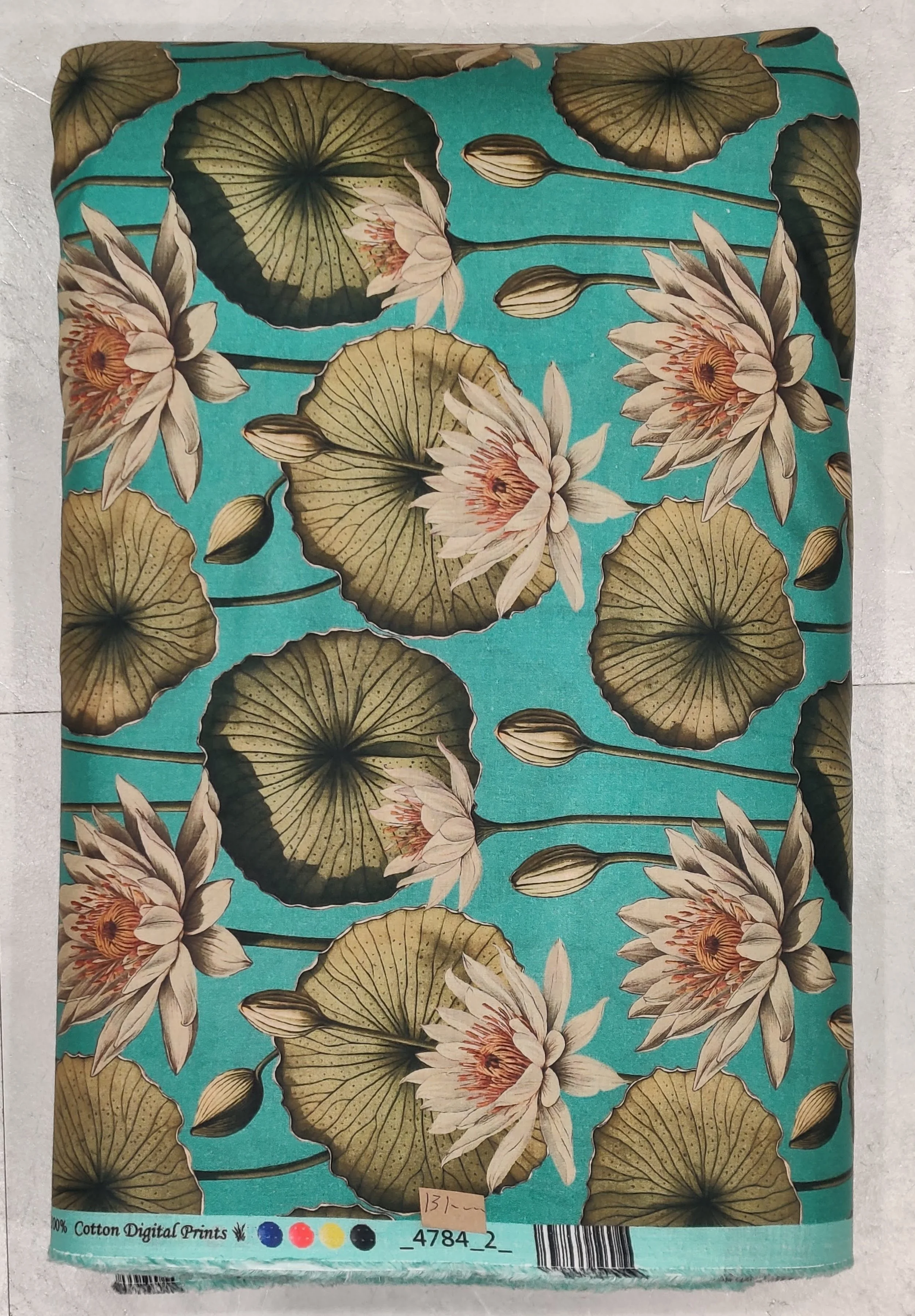 Vintage-inspired teal and dusty pink lotus floral print, ideal for crafting elegant ethnic kurtis and contemporary dresses.