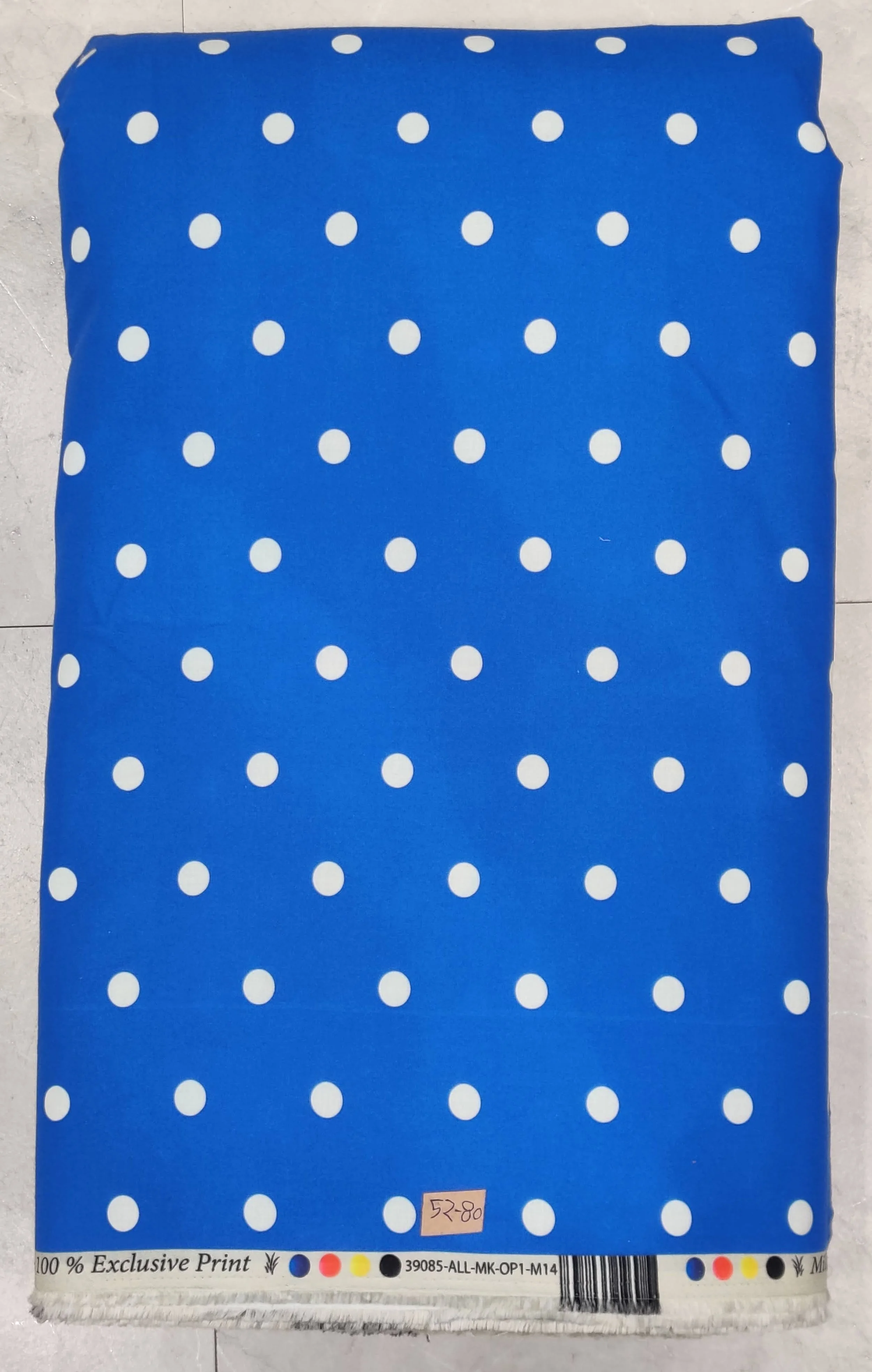 Rich royal blue background featuring a clean, classic pattern of small, crisp white polka dots arranged in neat, uniform vertical and horizontal rows.